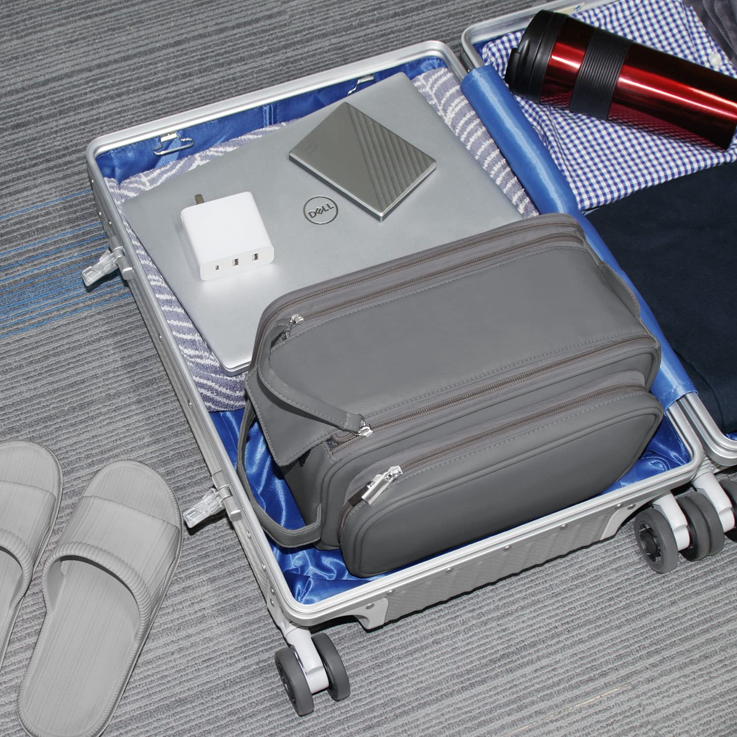 Neceser Grande para Hombre, Organizador de artículos de Aseo Personal, de Piel sintética, Resistente al Agua, Kit de Afeitado para Accesorios de Aseo Personal, Gris, XL, Neceser