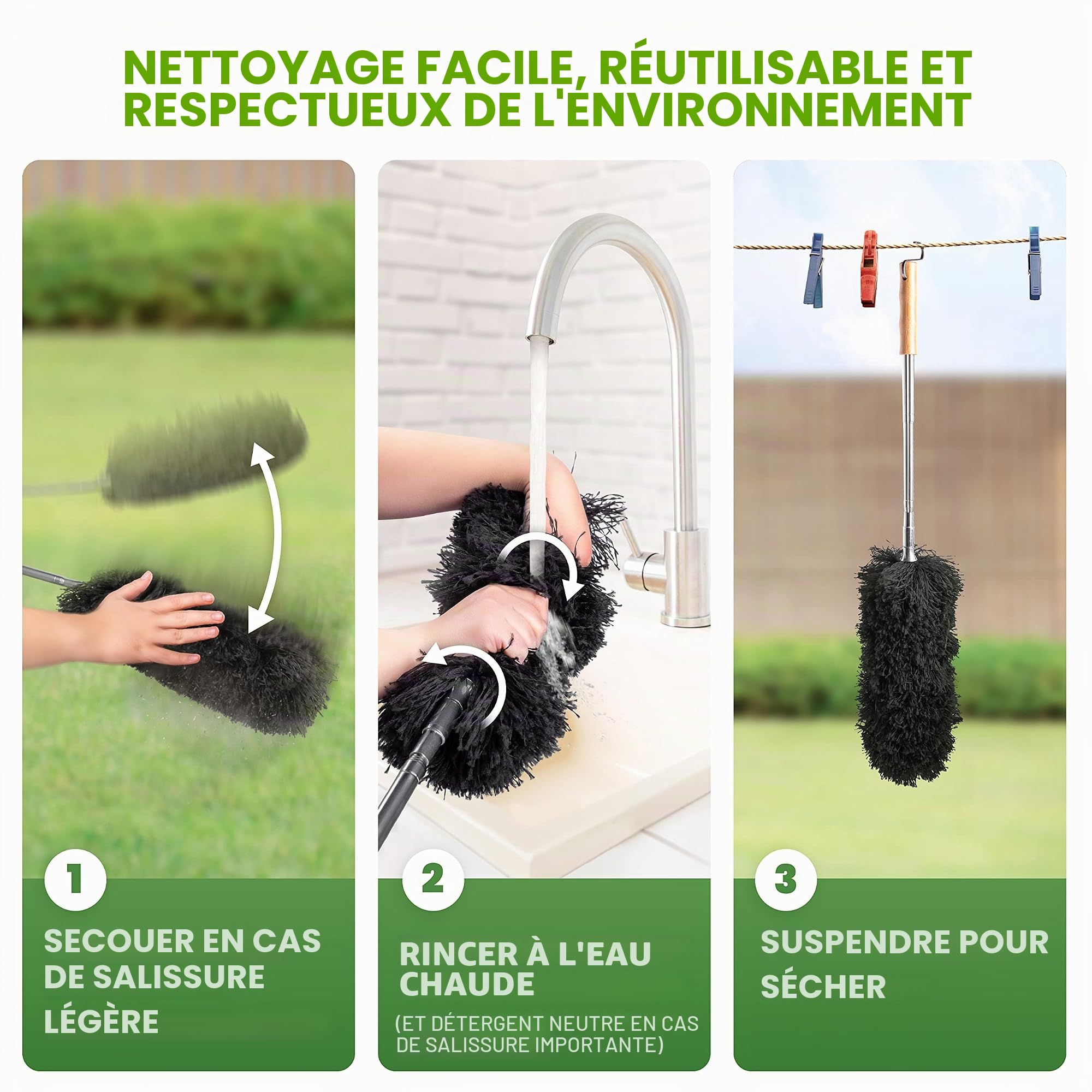 BAMBUA Plumeau Poussiere Telescopique [Microfibre Spéciale] - Poignée en Bambou - Plumeau Telescopique - Tete de Loup Telescopique Premium pour Un Nettoyage Durable - Plumeaux Tête de Loup (140 cm)