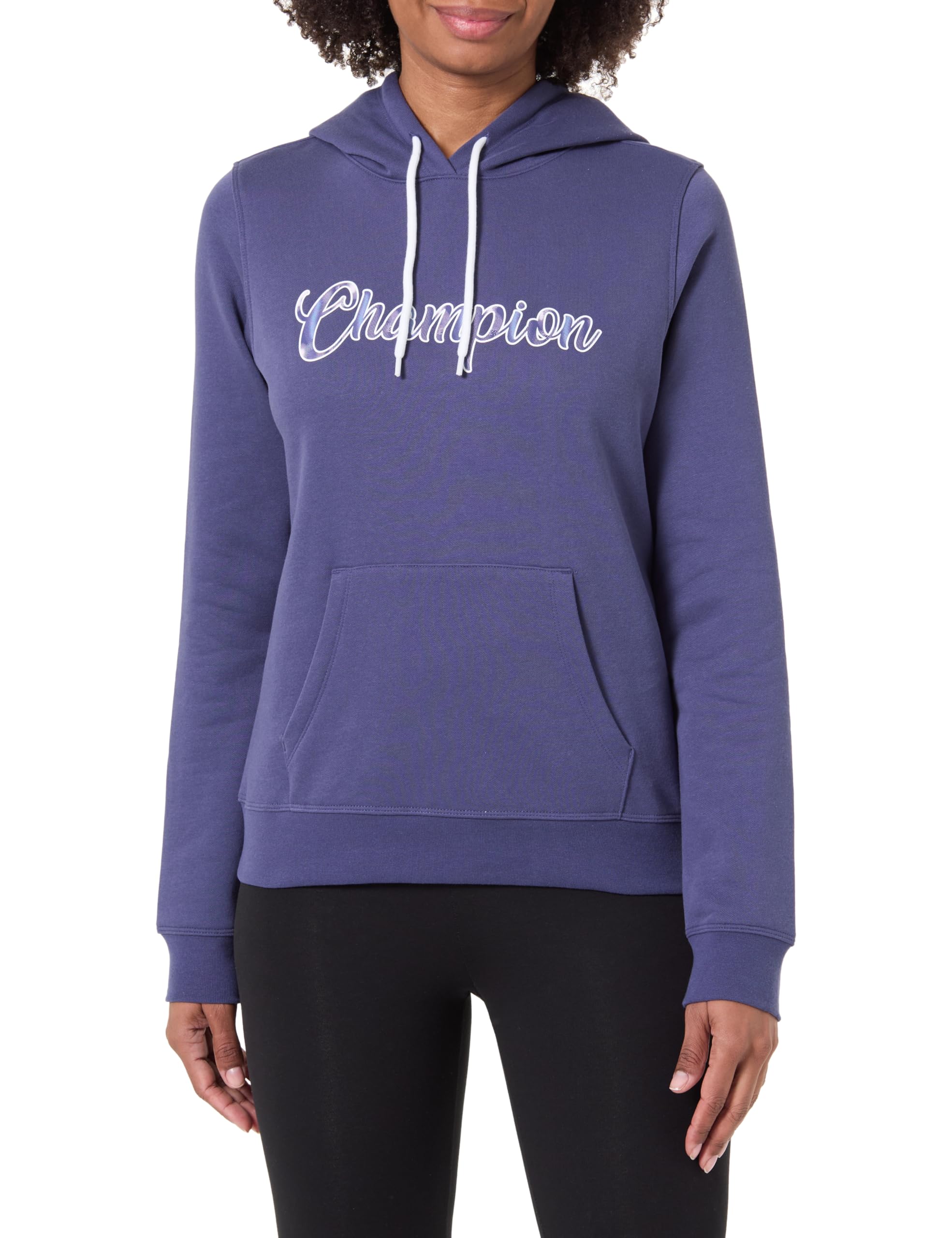 Champion Women's fleece hoodie, rib cuff and hem, front kangaroo pocket, hood with adjustable drawcords, graphic logo Blue