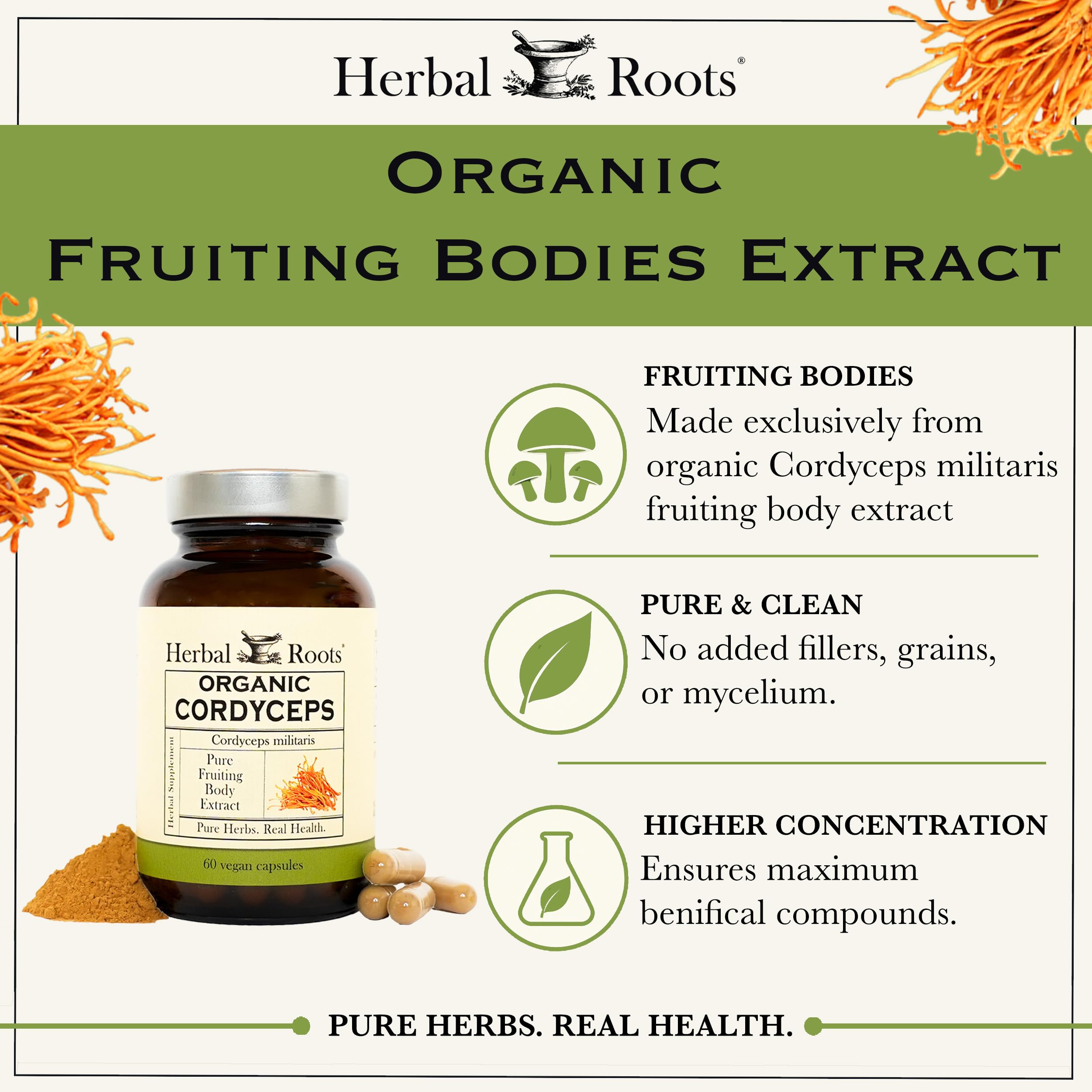 Herbal Roots Organic Cordyceps - Fruiting Body Extract Mushroom Capsules - Immune & Energy Support - 60 Vegan Capsules — Amazon image 5