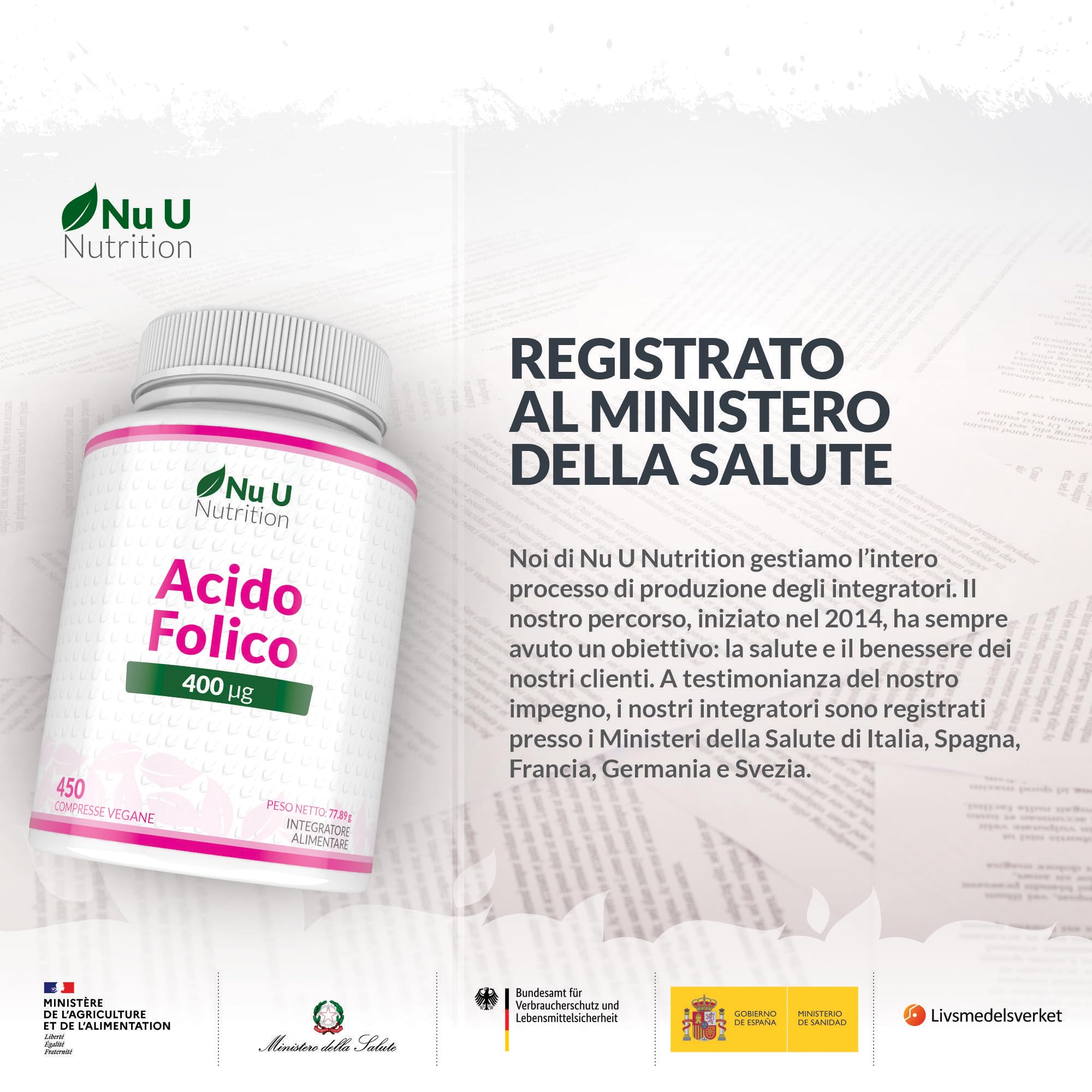 Acido Folico 400 µg - 450 Micro Compresse Vegane - Scorta 15 Mesi - Vitamina B9 Folato per Donne in Gravidanza - Integratore Prenatale - Prodotto in Europa - Nu U Nutrition