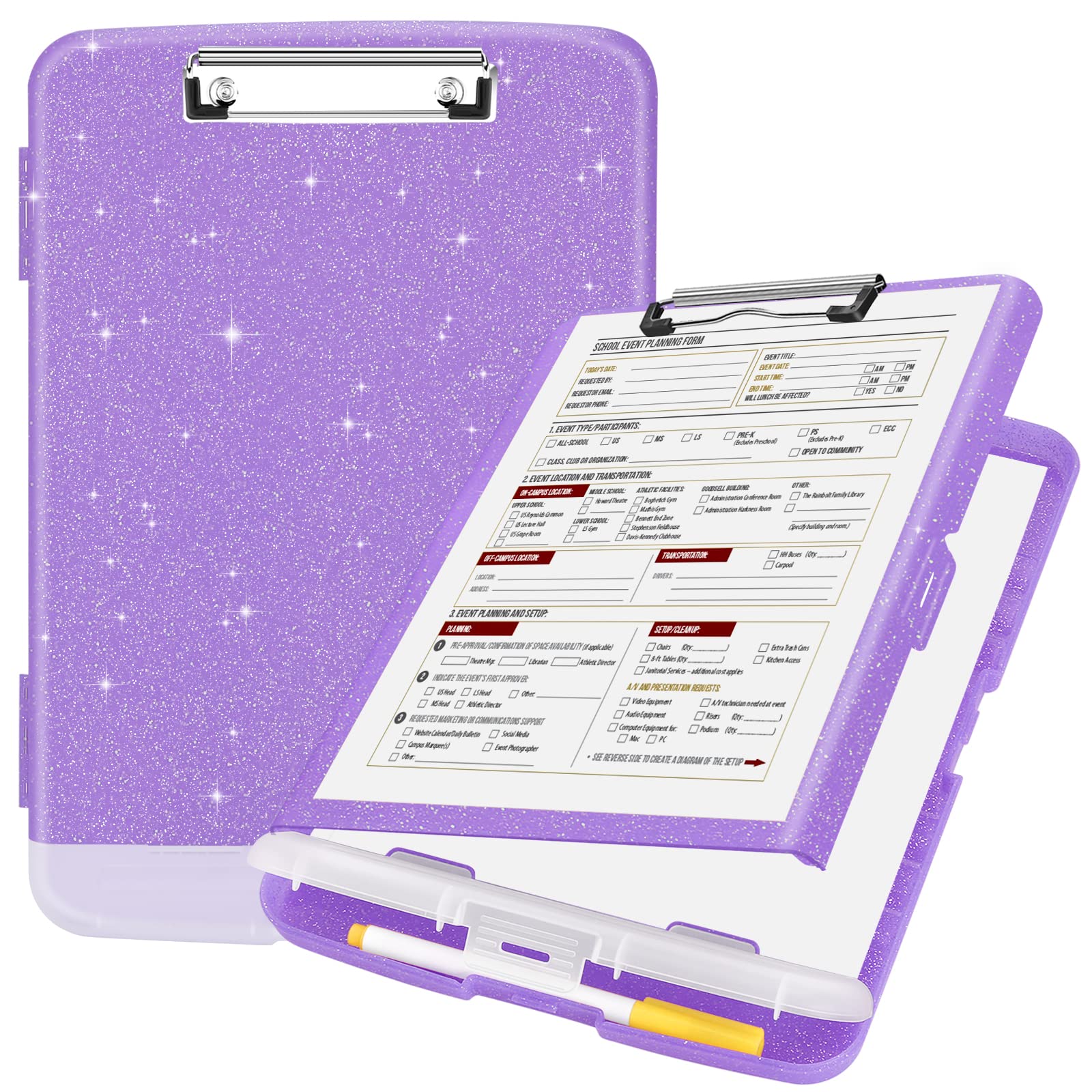 Sooez Glitter Clipboard with Storage, High Capacity Clip Boards 8.5x11 with Pen Holder, Cute Clipboards with Low Profile Clip, Sparkle Plastic Organizer Case Box for Women & Kids, Side Opening