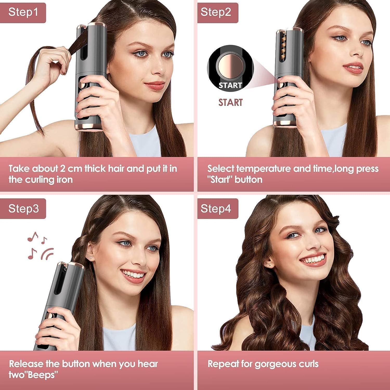 Fer a Boucler Cheveux Automatique Sans Fil Fer a Friser avec 6 Réglages de Température & Minuteur, Boucleur Céramique USB Rechargeable, Anti-brûlure, pour Cheveux Longs Courts