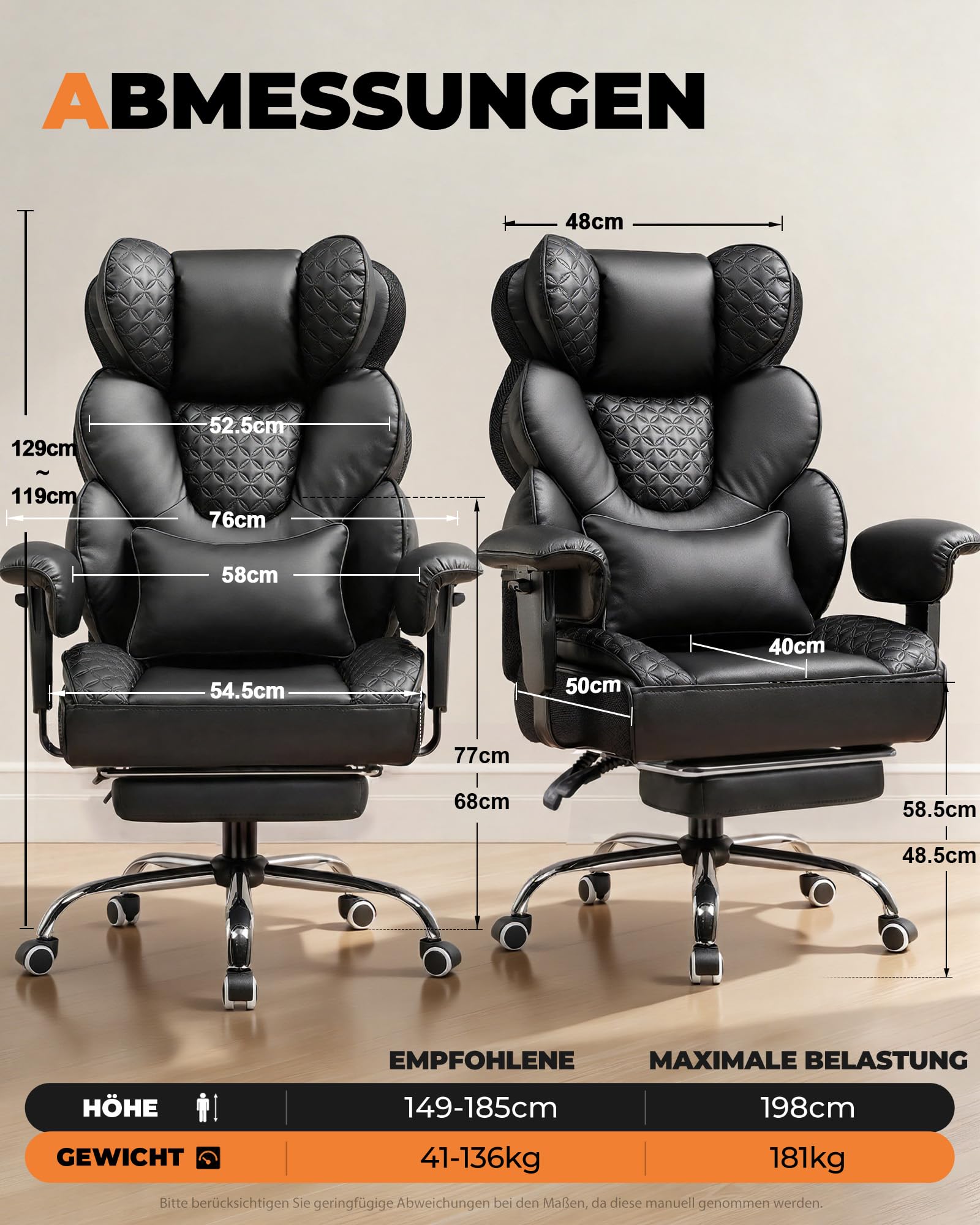 COMHOMA Ergonomischer Gaming Stuhl, Bürostuhl 180 kg, mit Verstellbarer Lendenstütze & Fußstütze, Hybrid-Design aus Kunstleder & Mesh, 150° verstellbare Rückenlehne, hoher Chefsessel, Schwarz