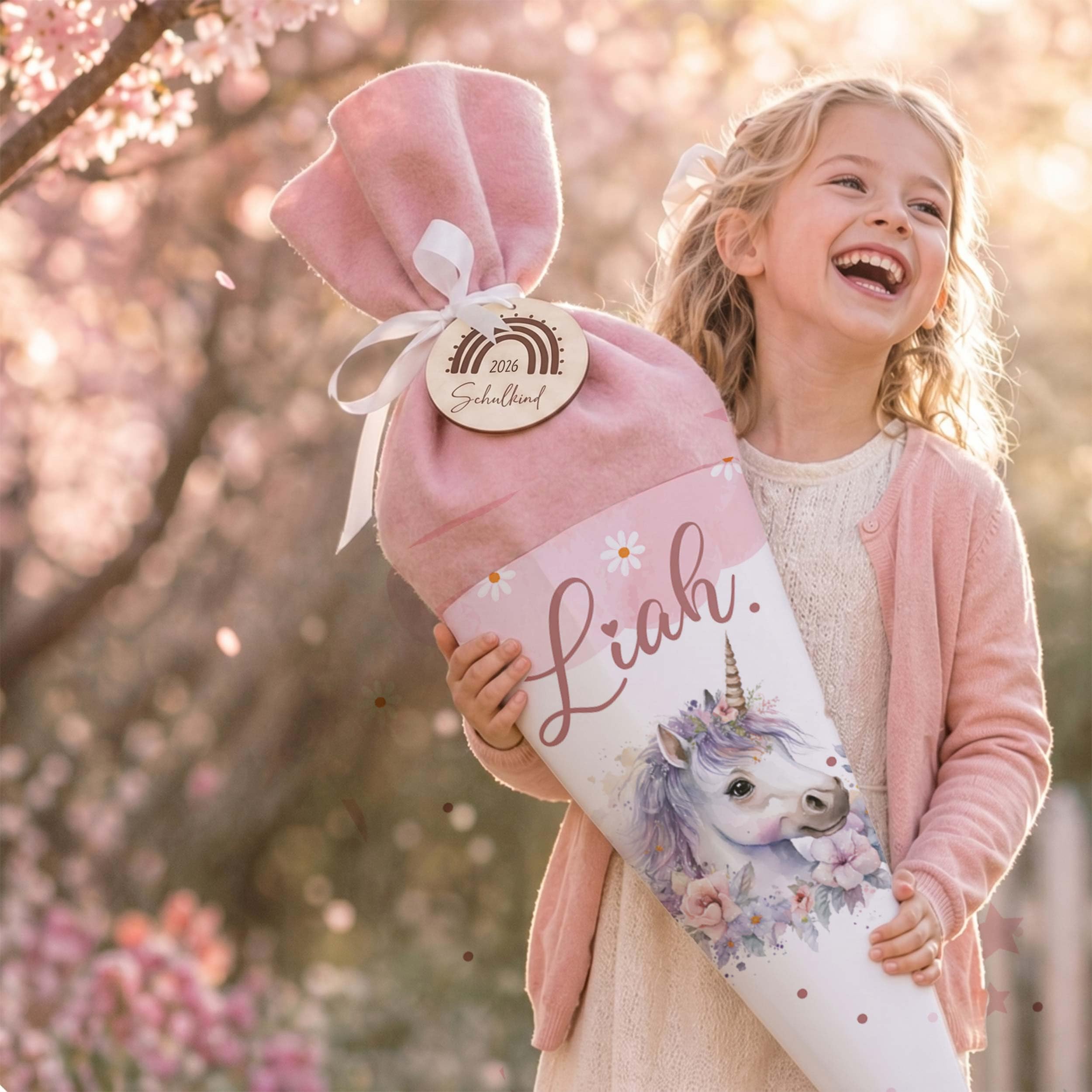 Personalisierte Schultüte mit Filz-Stoff & Holzschild, Zuckertüte zur Einschulung Mädchen Jungen 2026 - Einhorn Rosa