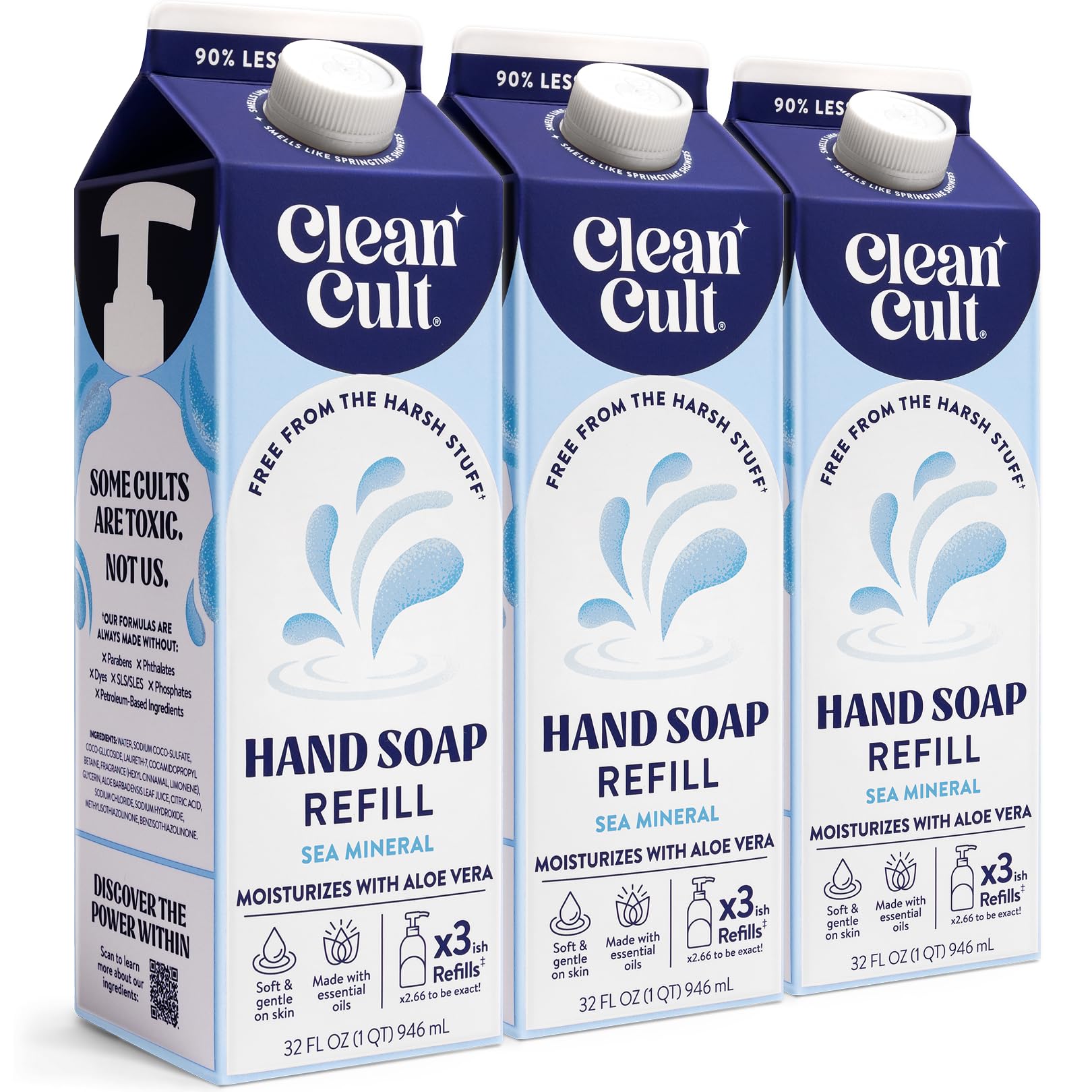 Liquid Hand Soap Refills - Sea Minerals - Gentle On Sensitive Skin - Made with Aloe Vera & Essential Oils - Eco Friendly - Paper-Based Packaging - 32 oz/3 Pack