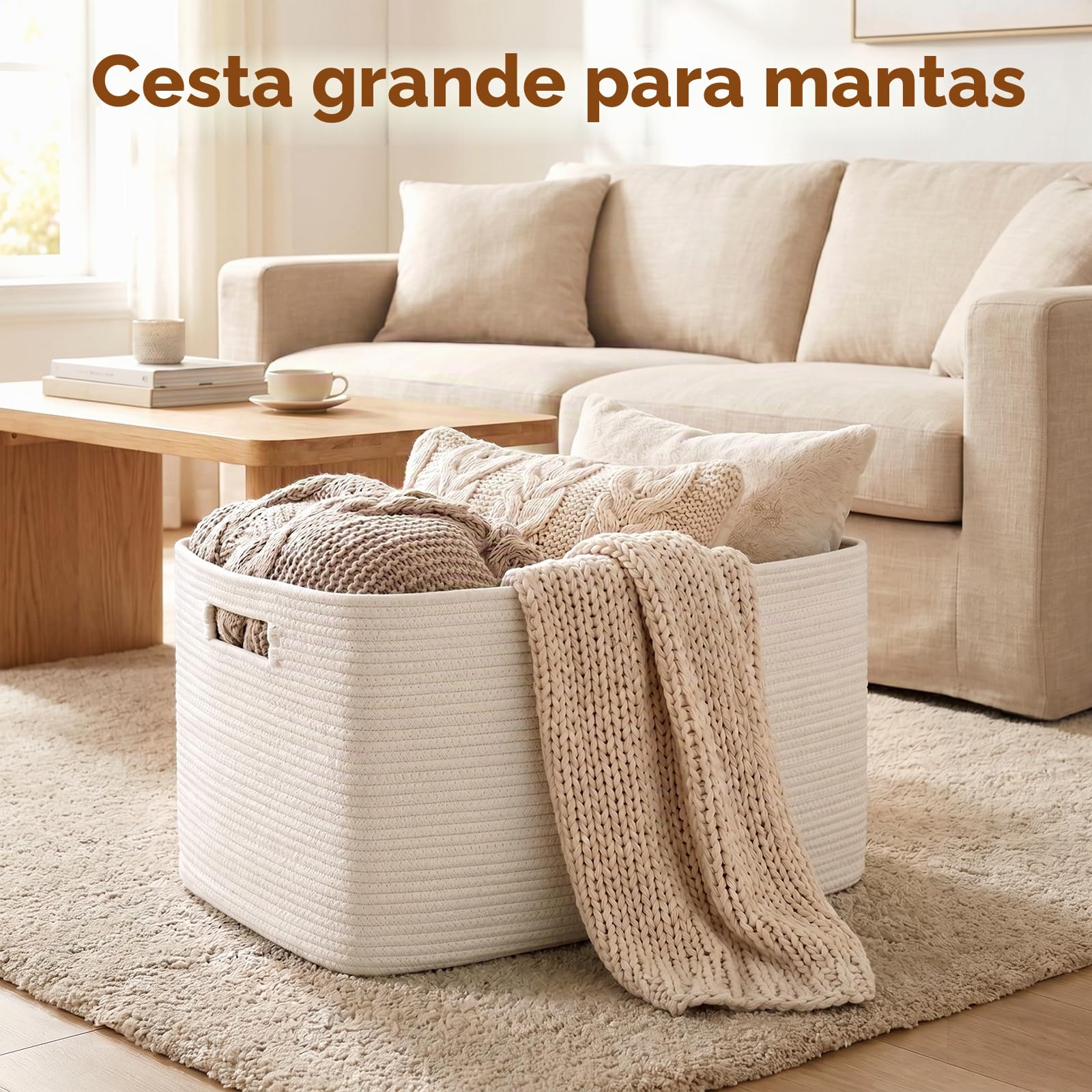 OIAHOMY Cesta grande de cuerda de algodón de 75 L con asa, cesta de almacenamiento tejida para mantas, juguetes, sala de estar y guardería, 22 x 17 x 12 pies, color blanco