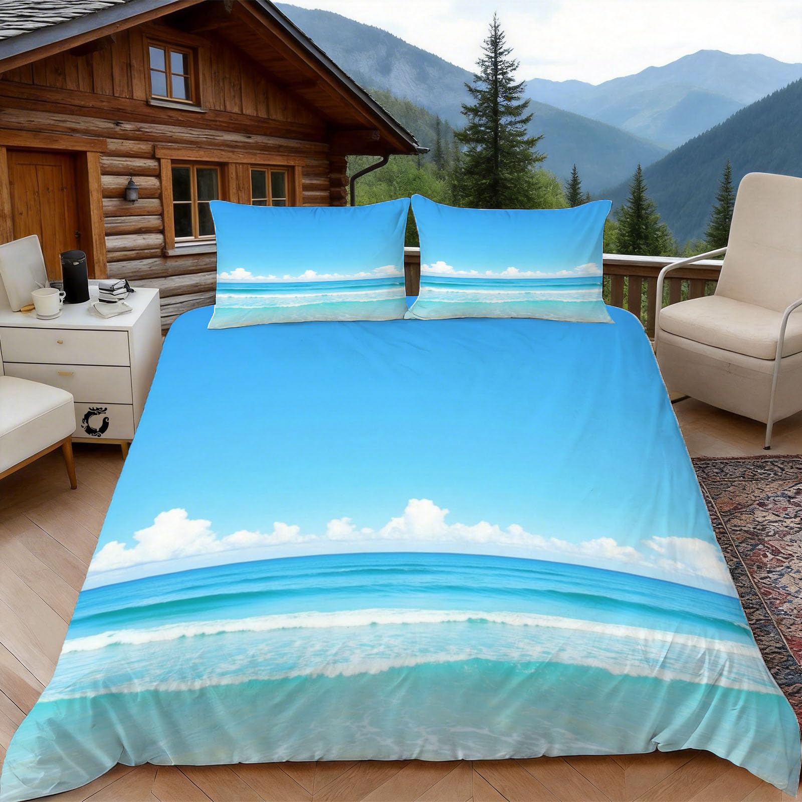 3D Single Duvet Cover Set 3D Printed Sea View Bedding, Nature Landscape Soft Microfibre Duvet Cover Sets Quilt Cover and Pillow Set with Zipper 3 Pcs