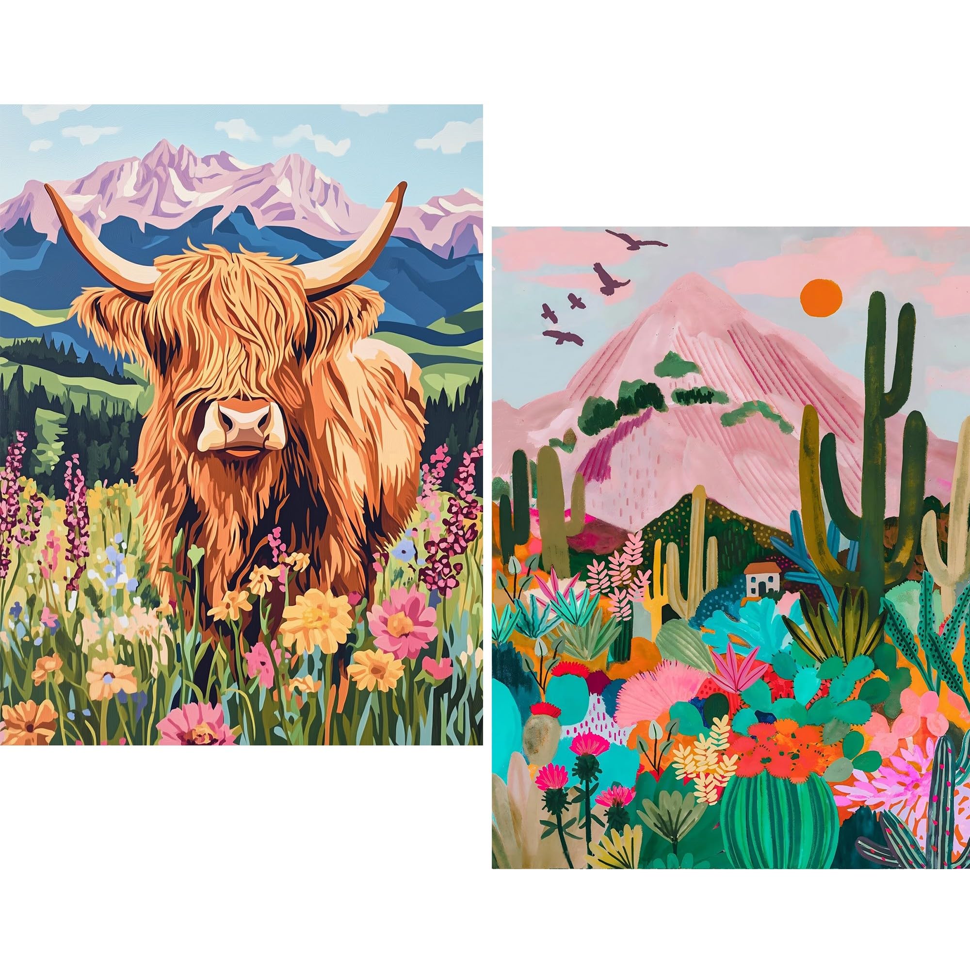 HKLIOPU 2Pack Highland Cow and Flower Diamond Art Kits for Adults Beginners, Full Round Drill Diamond Painting Kits, Gem Art Crystal Kits DIY Kids and Crafts Home Decor 12x16 Inch