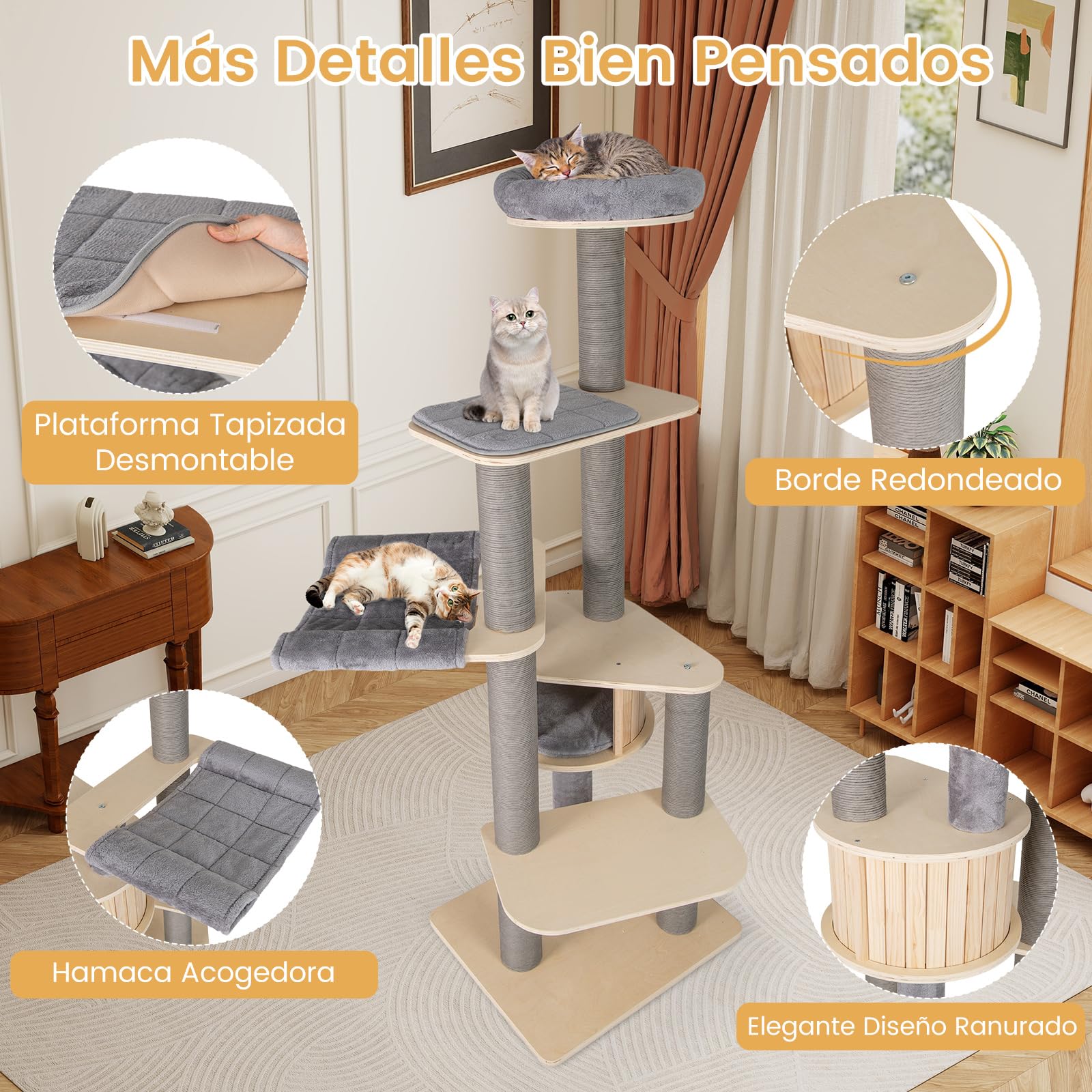COSTWAY Árbol Rascador para Gatos de 197 cm, Torre para Gatos de Varios Niveles con Plataforma Grande, Perchero Acolchado Superior, Condo, Esteras Desmontables, Postes para Rascar, Castillo Gato, Gris