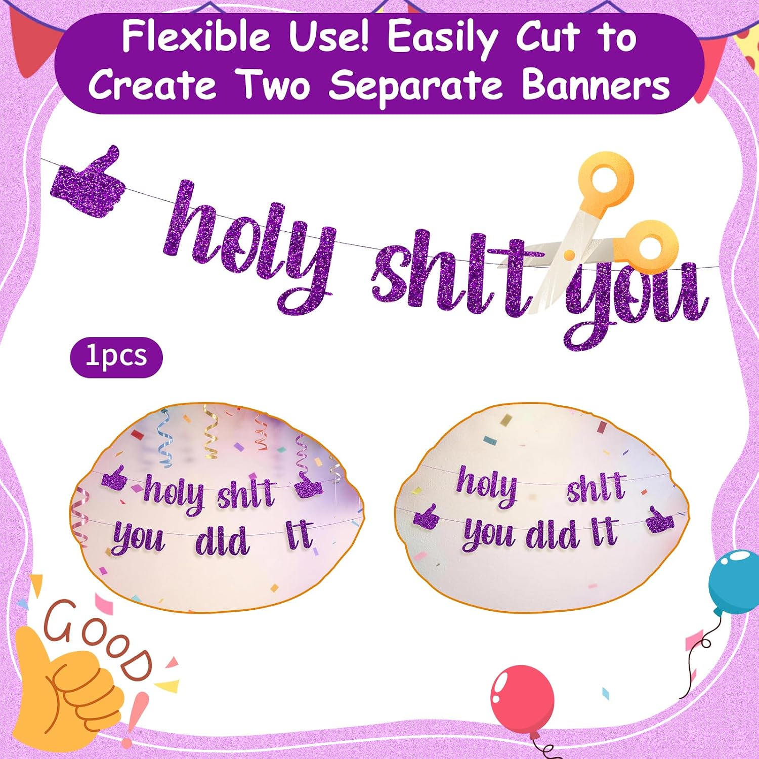 Funny Grad Banner Holy Shit You Did It Banner – Pre-Strung Glitter Graduation Decorations 2026, Retirement Party Supplies, Job Promotion, Cancer Free, Divorce, New Job Celebration Sign for Men Women (Purple) image 4