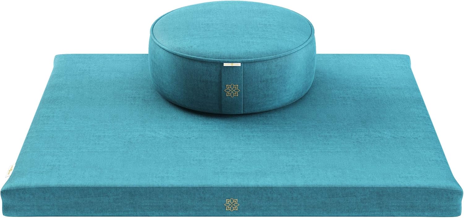 Mindful Modern Meditation Cushion & Mat Bundle - Luxury Velvet Zafu Floor Pillow & Rectangular Mat - Turquoise