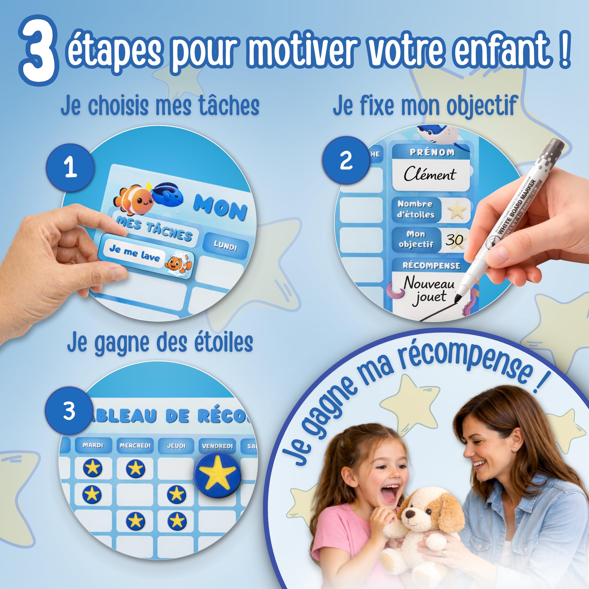 Tableau de récompense Enfant avec Humeur & Date – Tableau magnétique comportement & tâches Quotidiennes | Planning Enfant, Routine & Bon Point | autonomie (Océan)