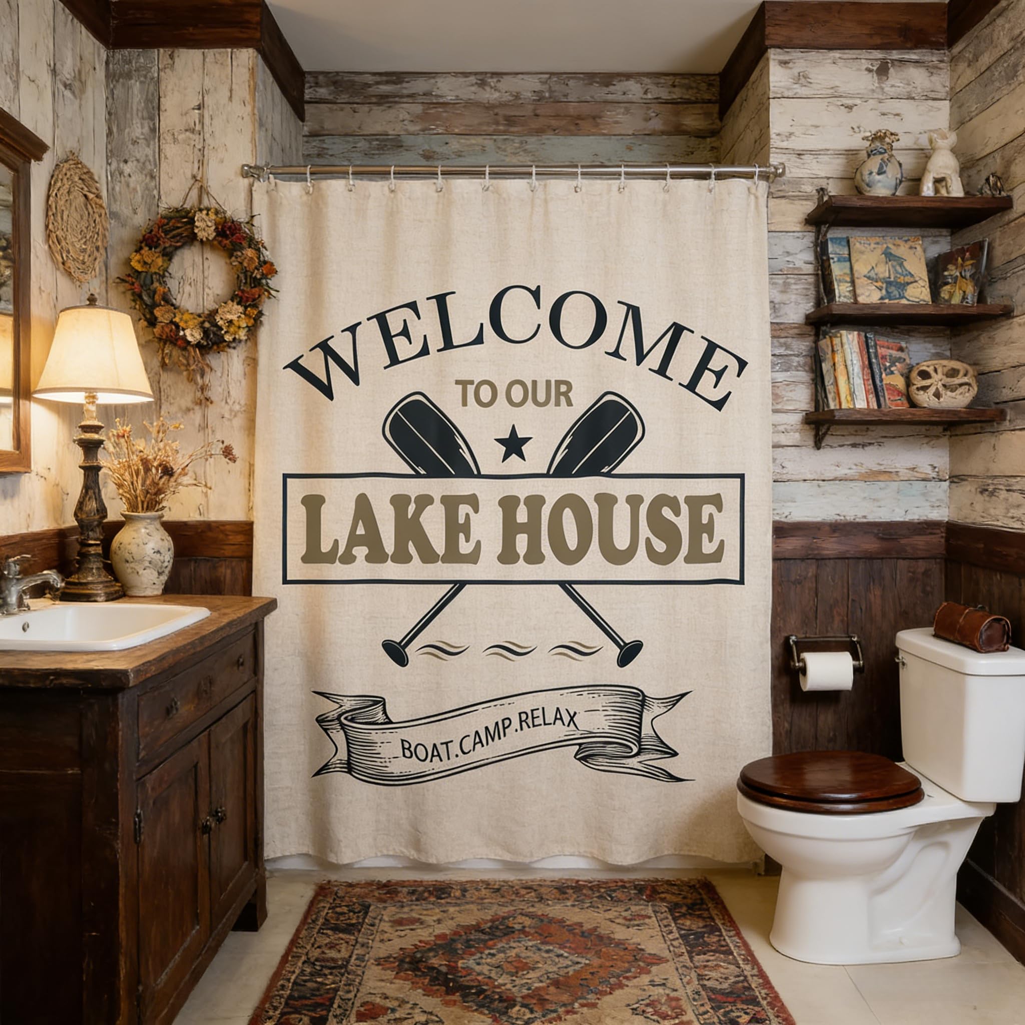 Lake House Bath Curtain,Go Boating Paddle Lake Life Themed Bathroom Shower Curtain for Kids Boys,Retro Beige Plaid Lakeside Decor Waterproof Fabric