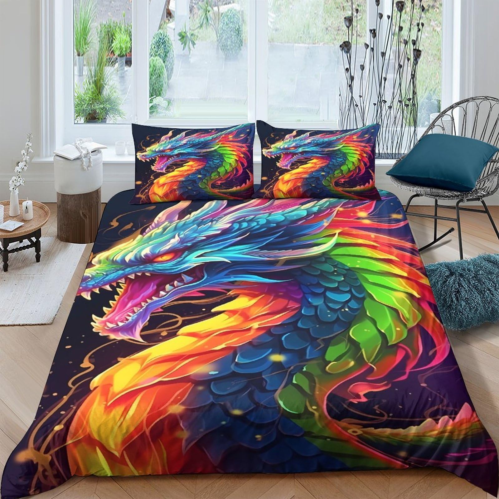 Ctjqhvkz Style-8 3D Printed Rainbow Dragon Fitted Sheet Microfiber Soft Non Slip Fantasy Fire Serpent Mattress Cover For Bedroom Dorm Decor Single（135X200cm）