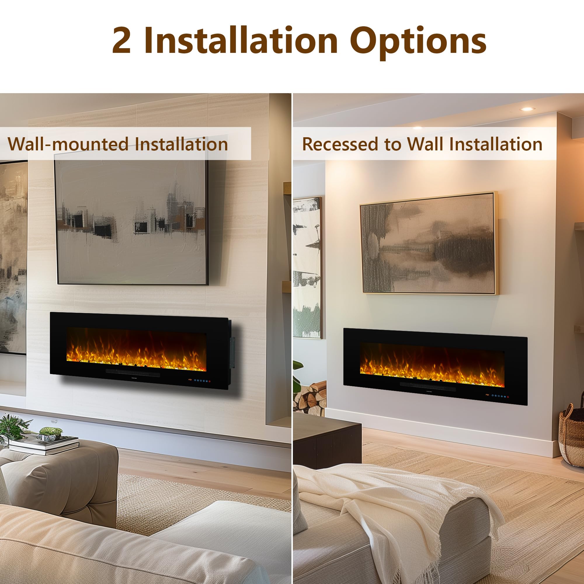 Elektrokamin Wandmontage, 13 Farbmodi LED flammeneffekt, Timer - Funktion, 152 cm Kamin Heizung Glas-Touchscreen und Fernbedienung,1500W(60")