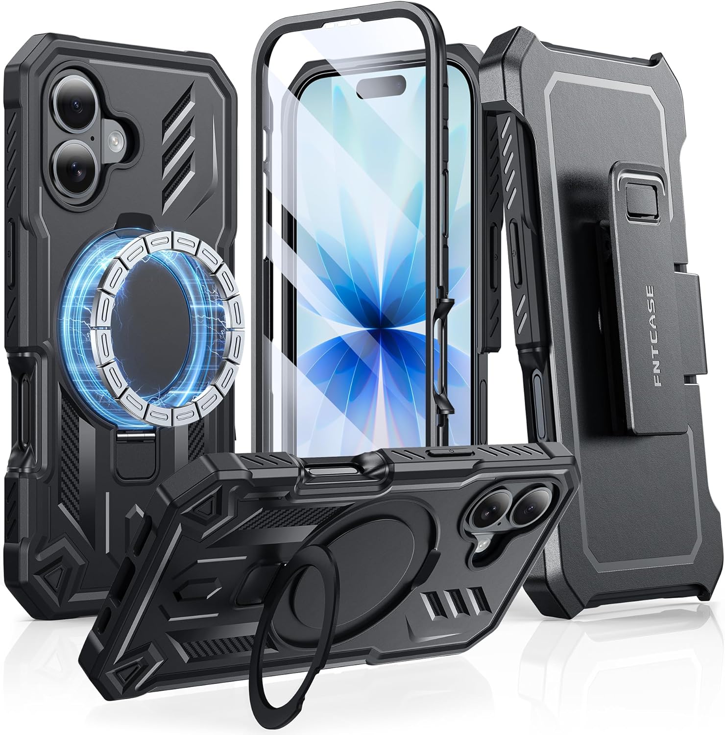 FNTCASE for iPhone 17 Phone Case: Magnetic Stand Case with Built-in Screen Protector & Belt-Clip Holster Ring Kickstand Military Grade Shockproof Protective Rugged Cell Phone Cover – 6.3 Inch (Black)