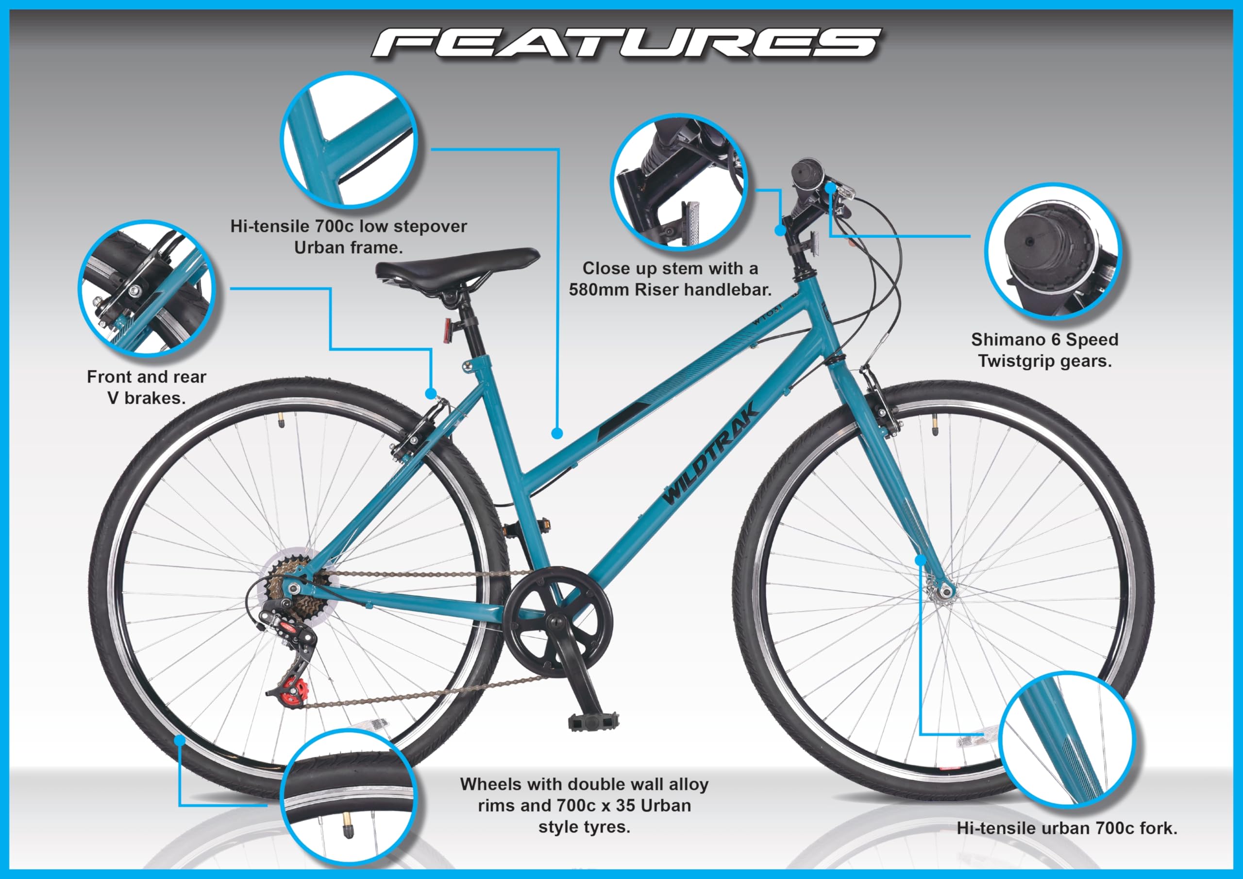 Wildtrak - Bicicleta de trekking de acero, para adultos, 700C, 6 velocidades - Verde