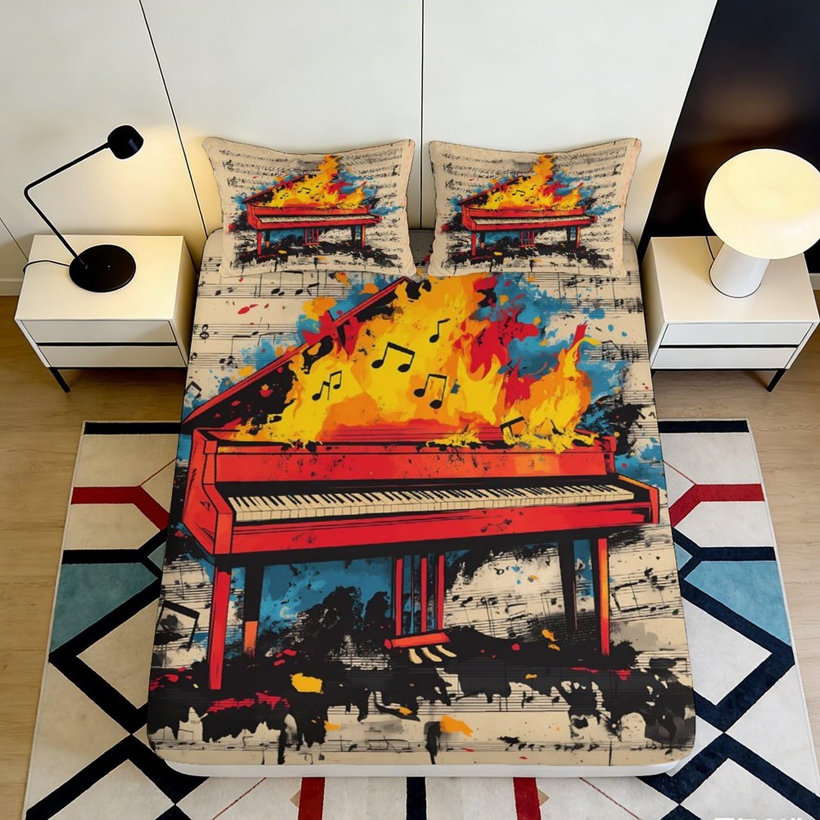 3D Printed Burning Piano Fitted Sheet Microfiber Soft Music Notes Mattress Cover for Bedroom Dorm Protection Decor 160x200x25cm
