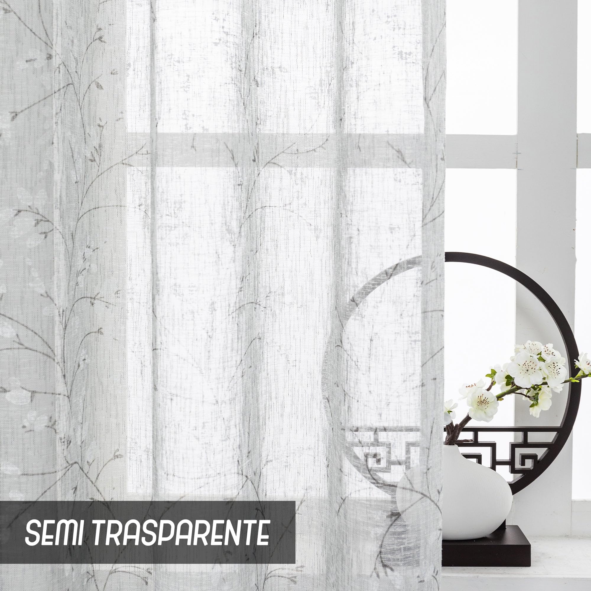 Tende Semi Filtranti Effetto Lino Con Fantasia Magnolia - 2 Pannelli 140x285cm, Occhielli Per Interni - Foto 4