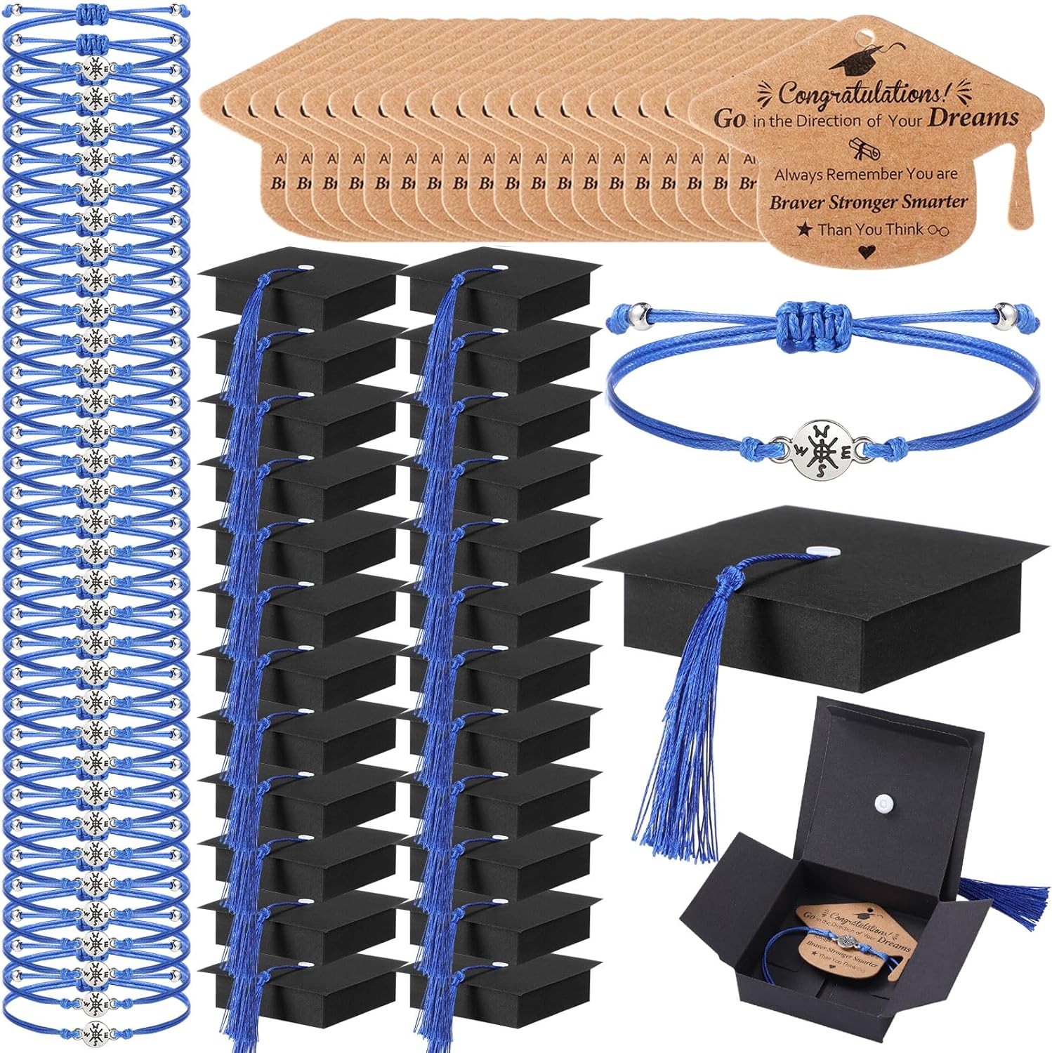 Kenning 30 Sets 2026 Graduation Gift Boxes Bulk for Students Include Compass Bracelet Graduation Party Favor Cap Box with Tassel Congratulation Cards Keychains for Him Her College High School(Blue)
