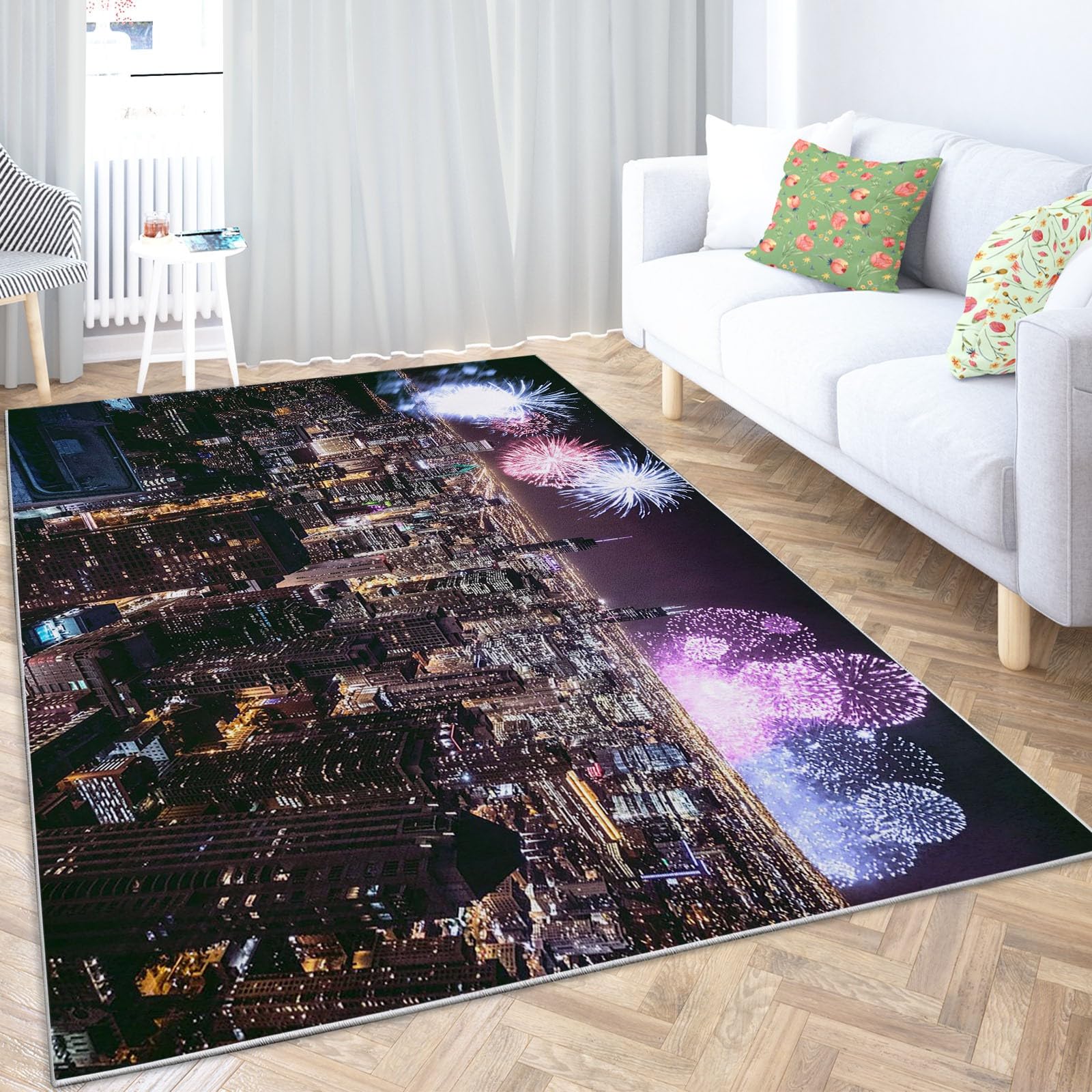 Dywan do sypialni, 80 x 150 cm, nocne fajerwerki w Nowym Jorku, nadruk dekoracyjny, miękki dywan z krótkim włosiem, antypoślizgowy, nadaje się do prania, do korytarza, jadalni, kuchni i pokoju