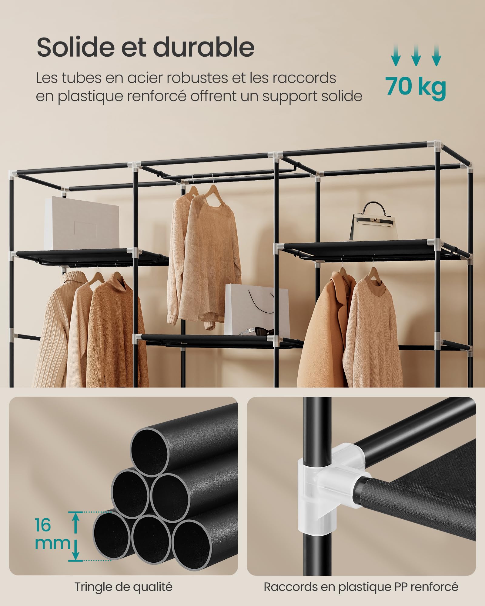 SONGMICS Armoire Chambre en Tissu, Porte-vêtements, Penderie, Étagères, Pochettes, Grande Capacité, 4 Compartiments de Suspension, 45 x 189 x 180 cm, Noir RYG011BZ02