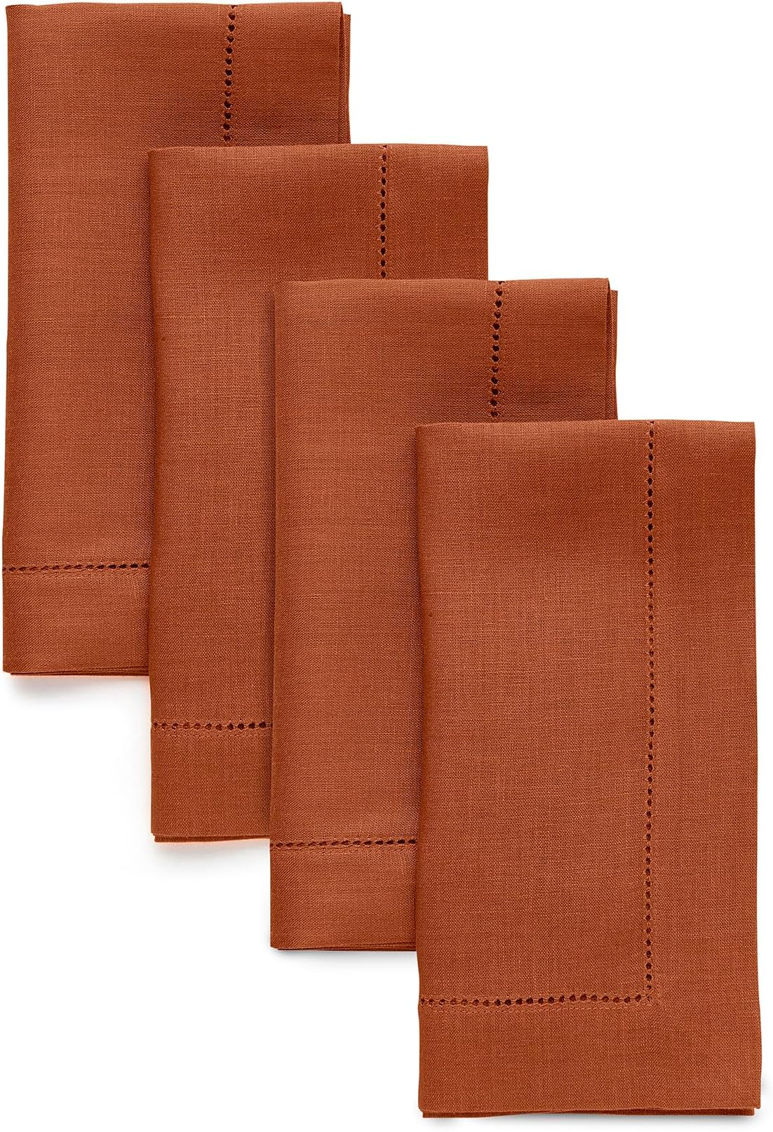 Solino Home Linen Napkins Set of 4 - Classic Hemstitch 100% Pure Linen Cinnamon Dinner Napkins Cloth 20 x 20 Inch for Fall, Autumn, Halloween - Handcrafted and Machine Washable