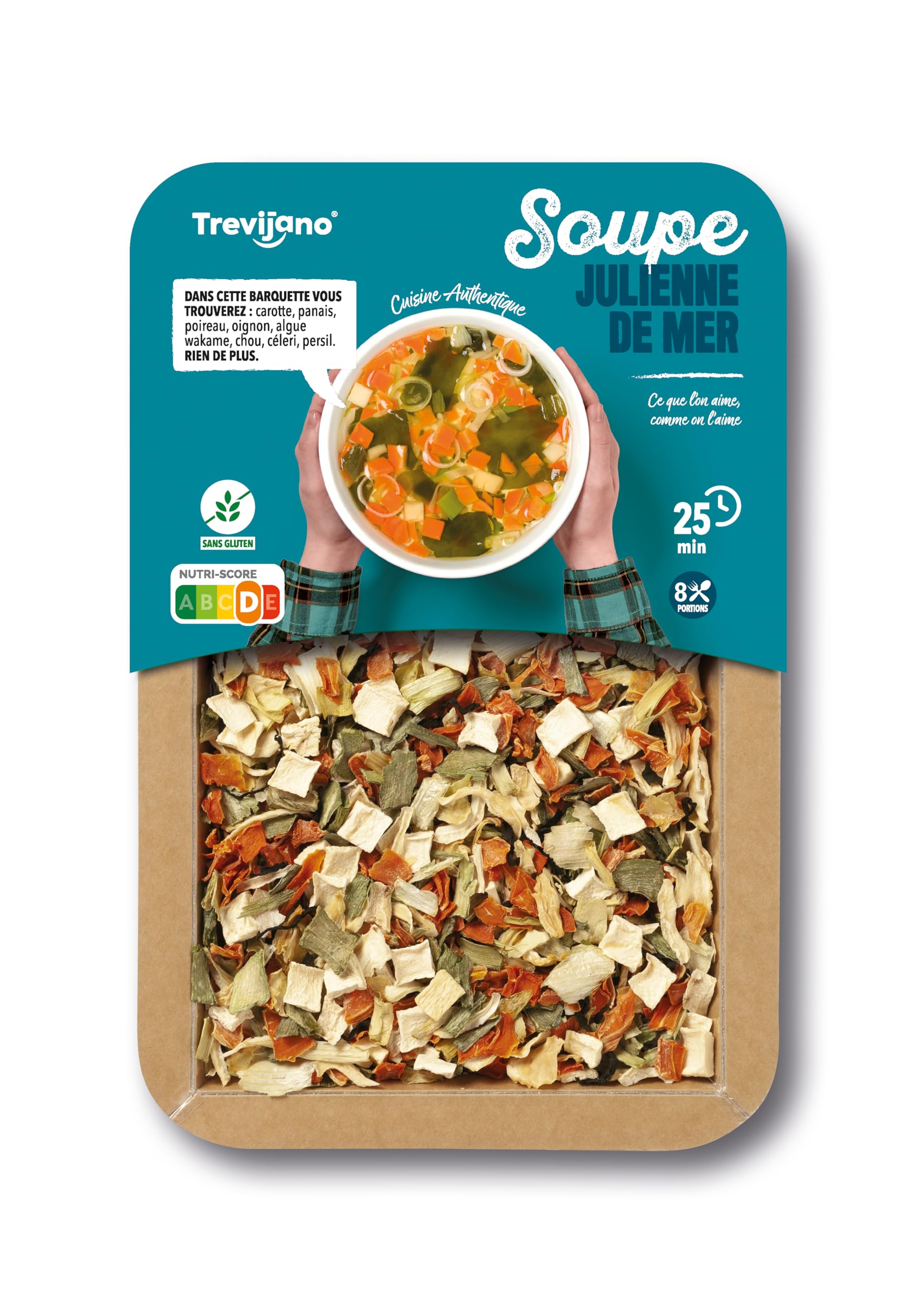 Trevijano Soupe Julienne de Mer: 6 barquettes de 100g chacune (600g de légumes déshydratés). Barquette: 8 portions de légumes: carotte, panais, poireau, algue wakame, oignon, chou,céleri et persil.