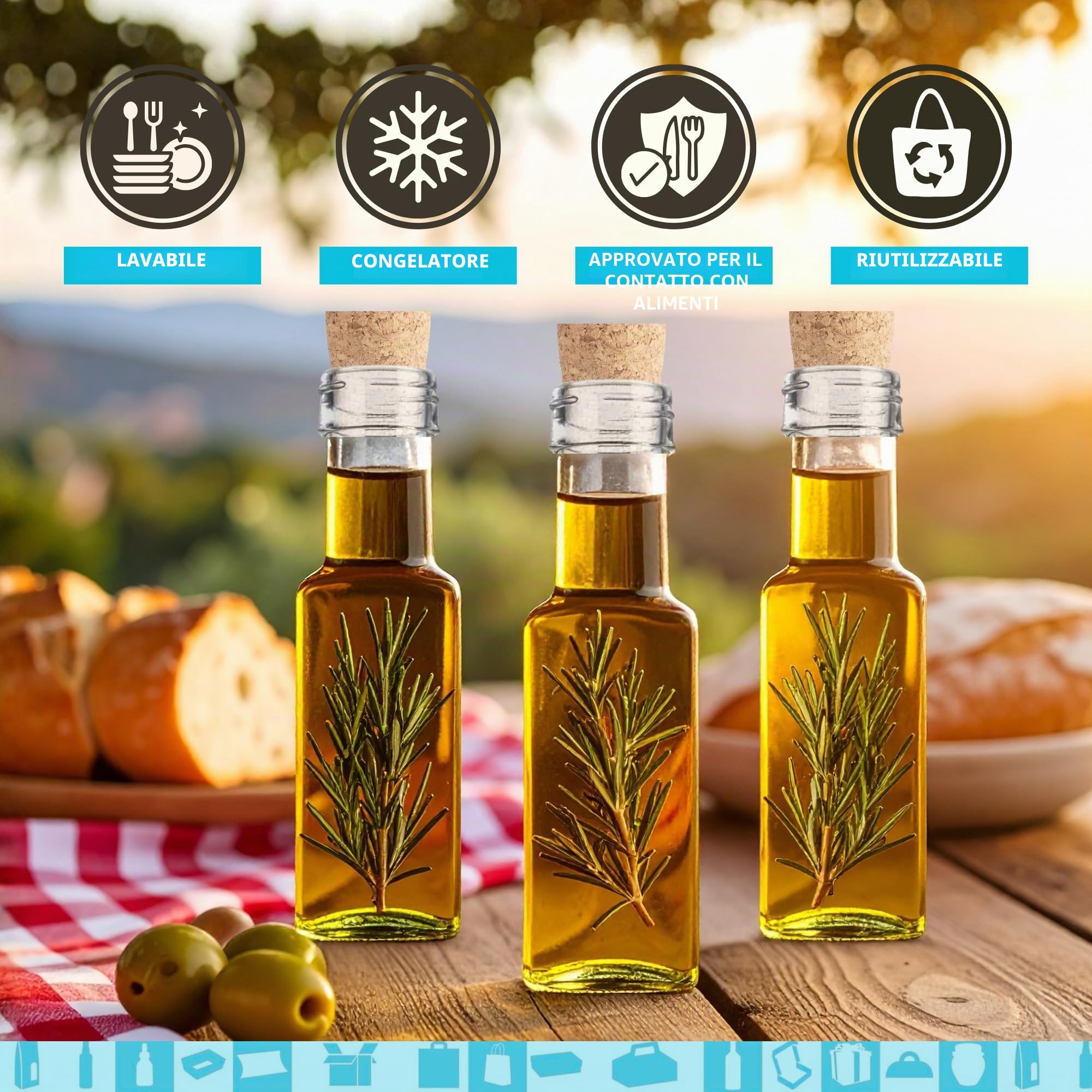Set 20 Piccole Bottiglie di Vetro 100 ml con Tappo in Sughero + 20 Scatole – Mini Bottiglie Regalo per Liquore e Olio | Espirito Rebelde