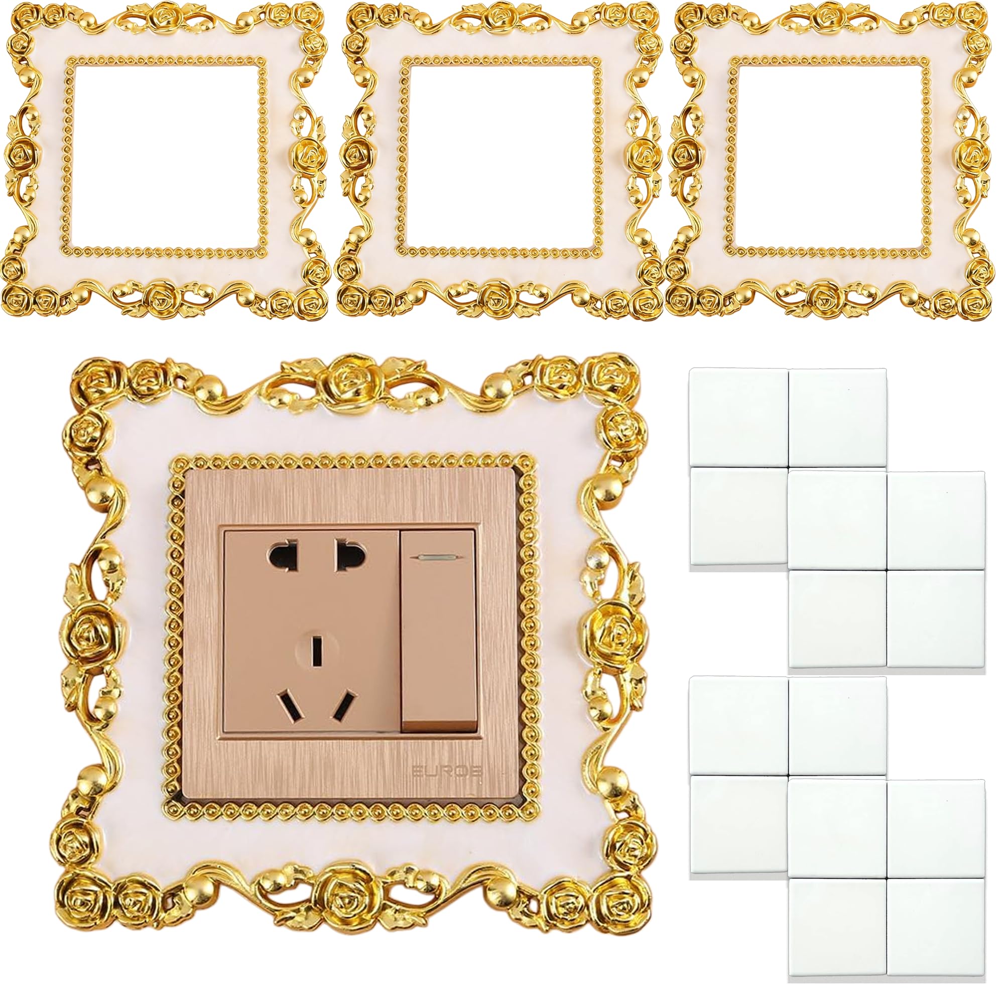 DWUENT Light Switch Surround, Decorative Switch Cover with Vintage Roses Pattern in Gold White - Self-Adhesive Frame for Wall Plates, 4-Pack, 15.5x15.5 cm