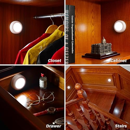 Miniatura 7 de STAR-SPANGLED Paquete de 3 luces con sensor de movimiento de 3.1 pulgadas para interiores, funciona con pilas AA, luz LED de disco para armario,