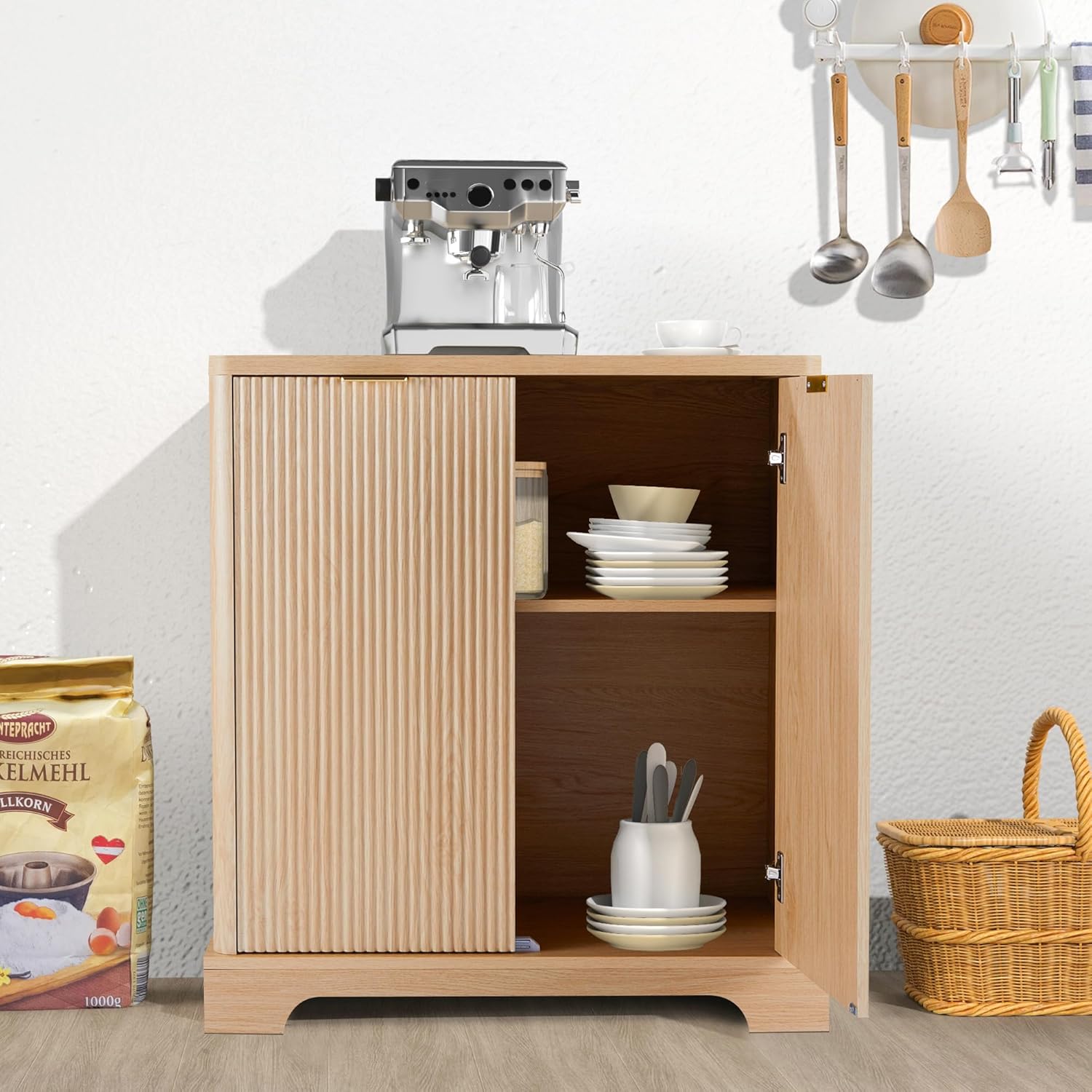 Fluted Buffet Cabinet with Storage 30" Lx15 Wx33 H, Wooden Sideboard Console Table with Adjustable Shelves, 2-Door Modern Coffee Bar Table for Dining Room Kitchen Living Room Entryway Hallway