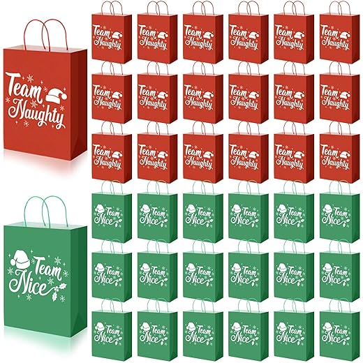 Paterr 40 Pcs Team Naughty or Nice Large Christmas Gift Paper Bags with Handle 13 x 10.6 x 5 Christmas Gift Bags Bulk Christmas Goody Bags Holiday Wrapping Birthday Gift Bag Party Favor