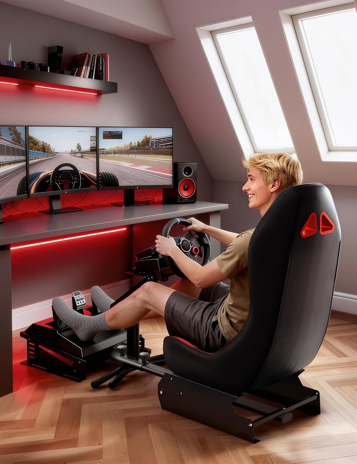 Foldable Racing Simulator Cockpit with Leather Seat, Built for Stable Braking & Immersive Home Racing, Compatible with Logitech, Thrustmaster, Fanatec, MOZA