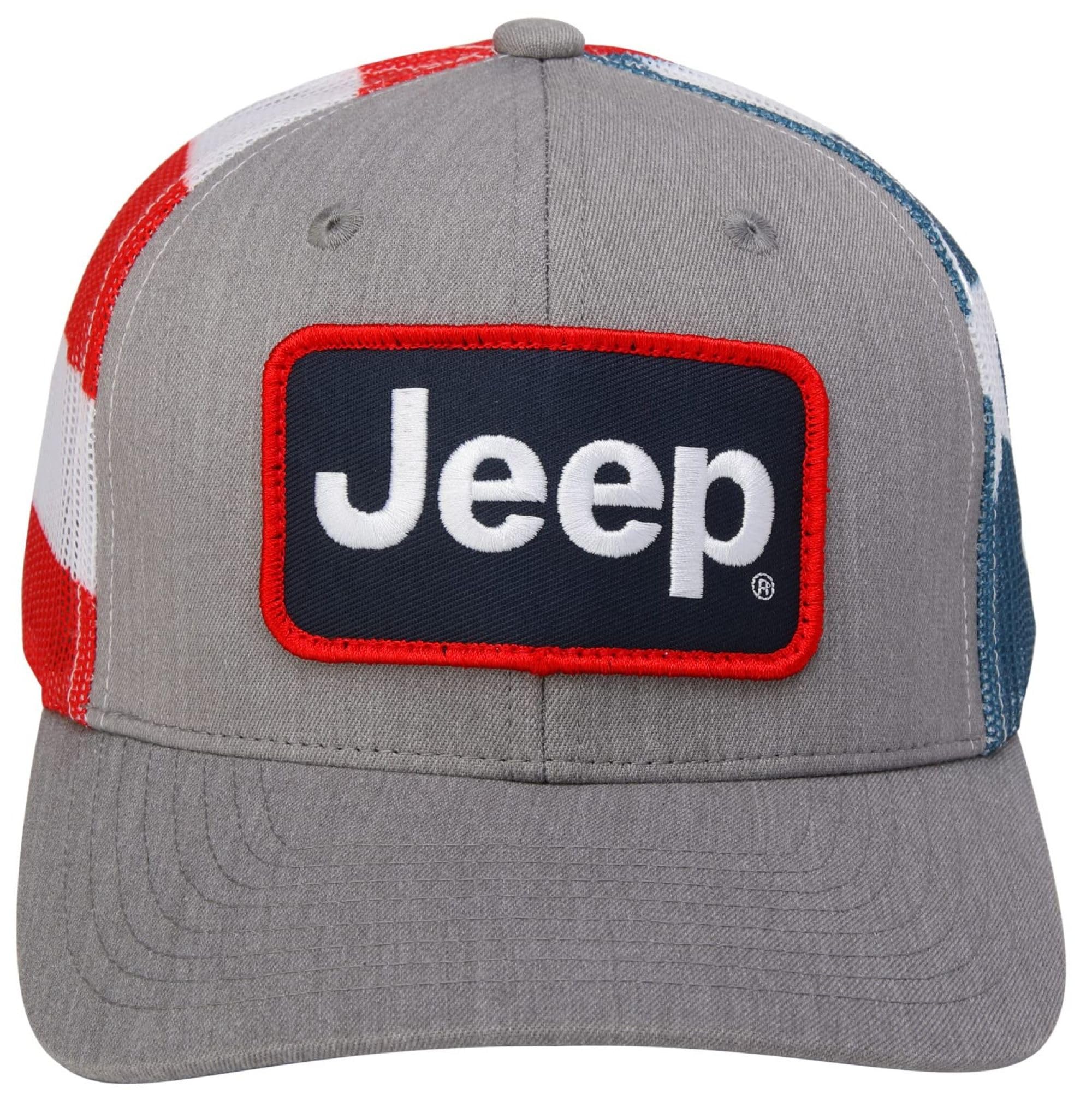Jeep Cappello da camionista a stelle e strisce, pannello frontale grigio con toppa ricamata, retro in rete con bandiera americana, chiusura snapback, licenza ufficiale