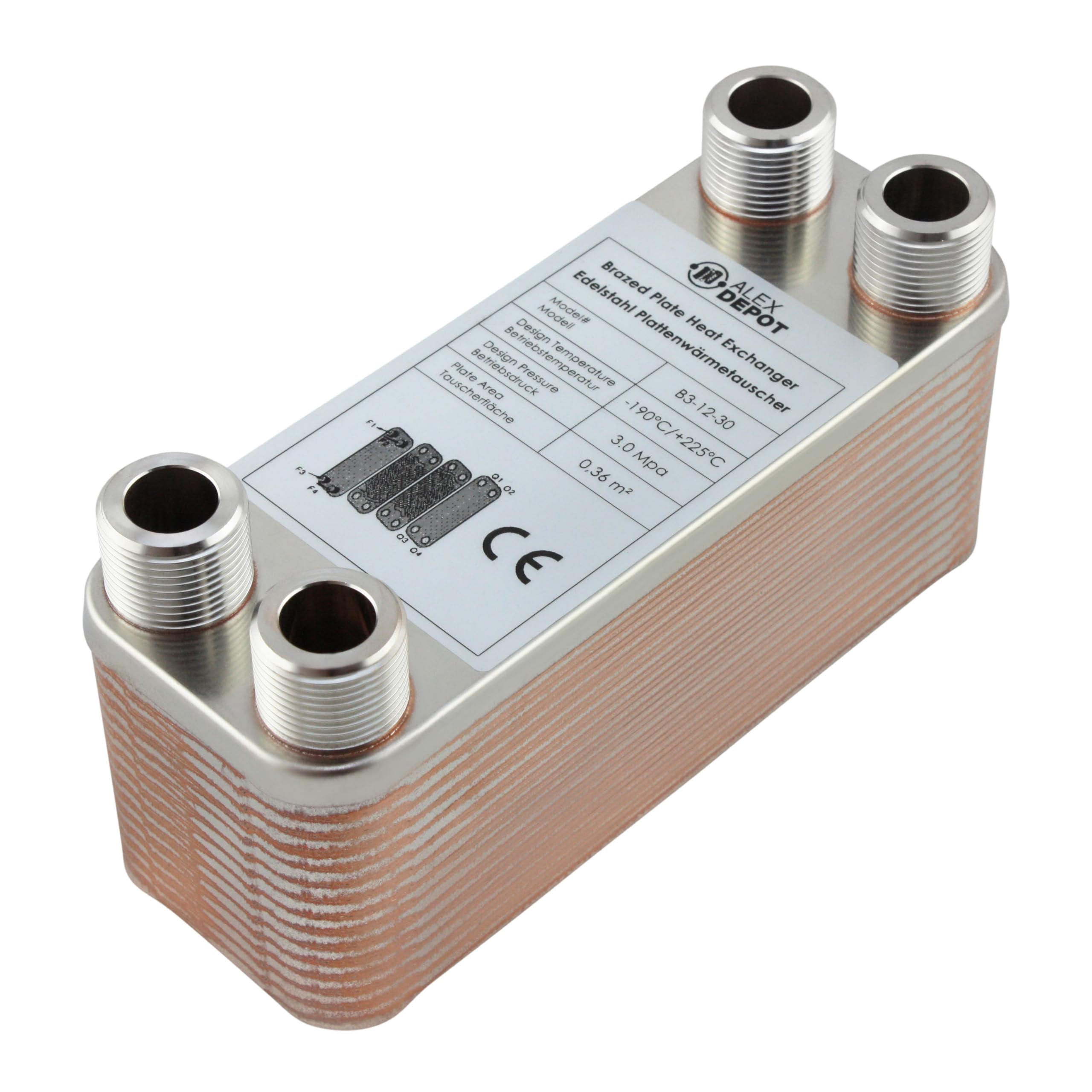 Intercambiador de placa de acero inoxidable B3-12-30 con conector de 4 x 3/4 pulgadas. Calefacción solar de 65 kW (PWT)