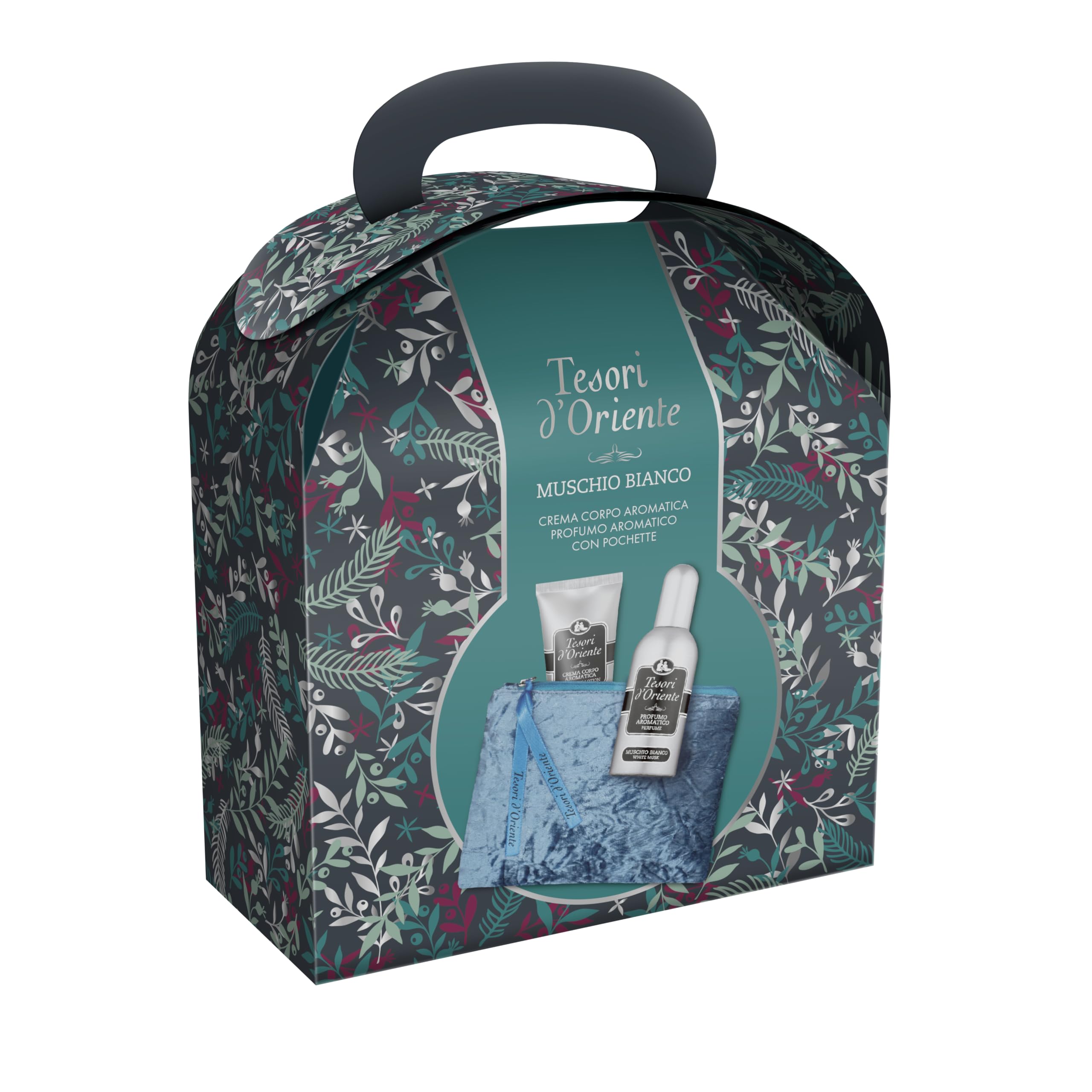 Tesori d'Oriente, Muschio Bianco Set Regalo da Viaggio, Include Profumo Aromatico 100 ml, Crema Corpo Idratante 75 ml, e Pochette Elegante, Fragranze con Note Ambrate e Armoniose che Durano a Lungo