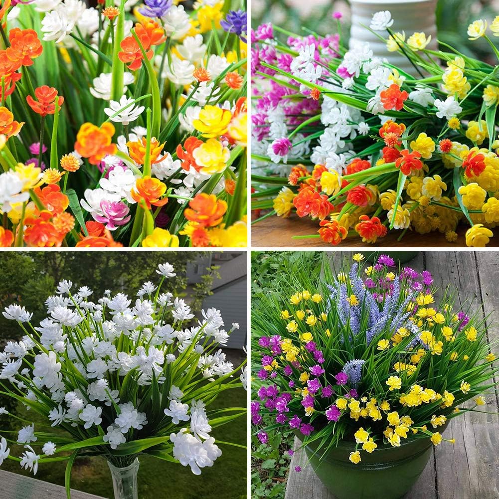20 Bundles Artificial Outdoor Flowers Fake UV Resistant No Fade Greenery Faux Plants Shrubs for Indoor Outside Hanging Planter Home Office Wedding Farmhouse Decor (White)