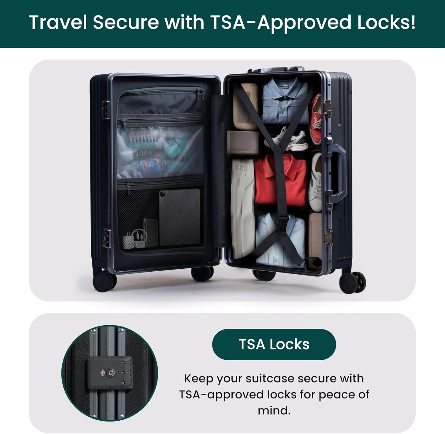 Nobl Travel Carry On Luggage, Noble Zipperless Aluminum Frame, 22.5x15x9.5, 360 Degree Spinner Wheels, TSA Locks, USB Charging Port, Cup & Phone Holder - Jet Black