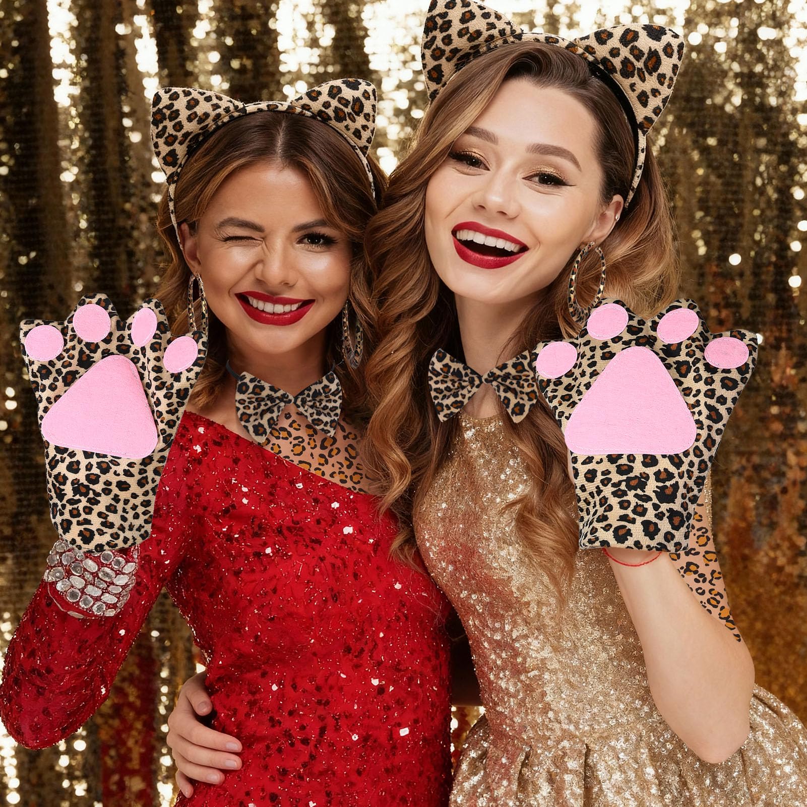 Meng Jiaran 10 Pcs Leopard Print Costume Kit,Leopard Accessory Set Ears Headband Bow Tie Tail Gloves Face Sticker Earings,Animal Fancy Dress Set for Carnival Cosplay Party - Image 4
