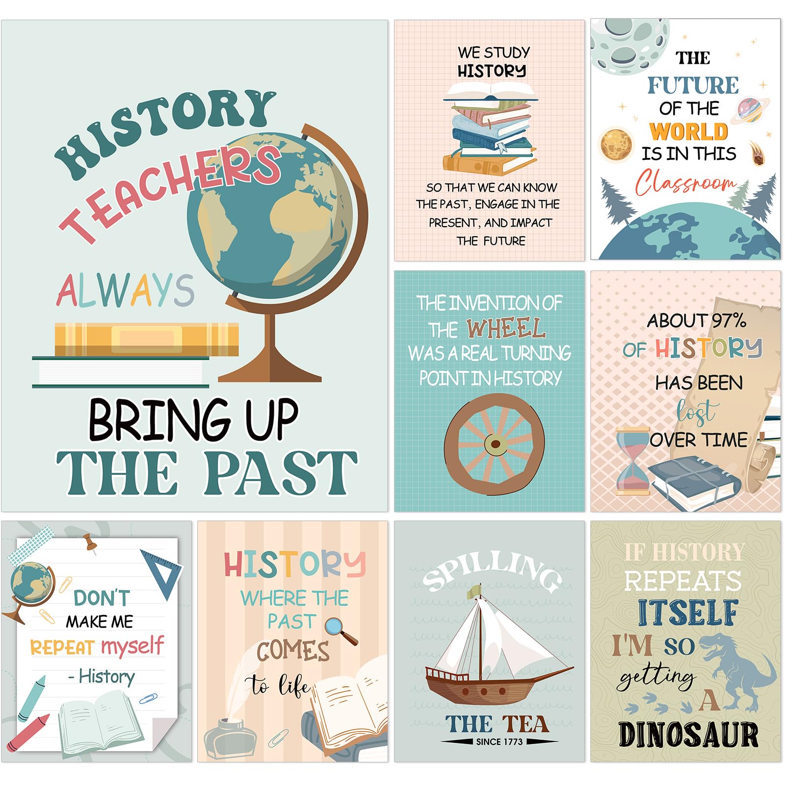 Affrolling 9 Pack Social Studies Classroom Decorations US History Posters for Elementary, Boho Classroom Decorations Posters World History Wall Art for Teachers Middle School and High School