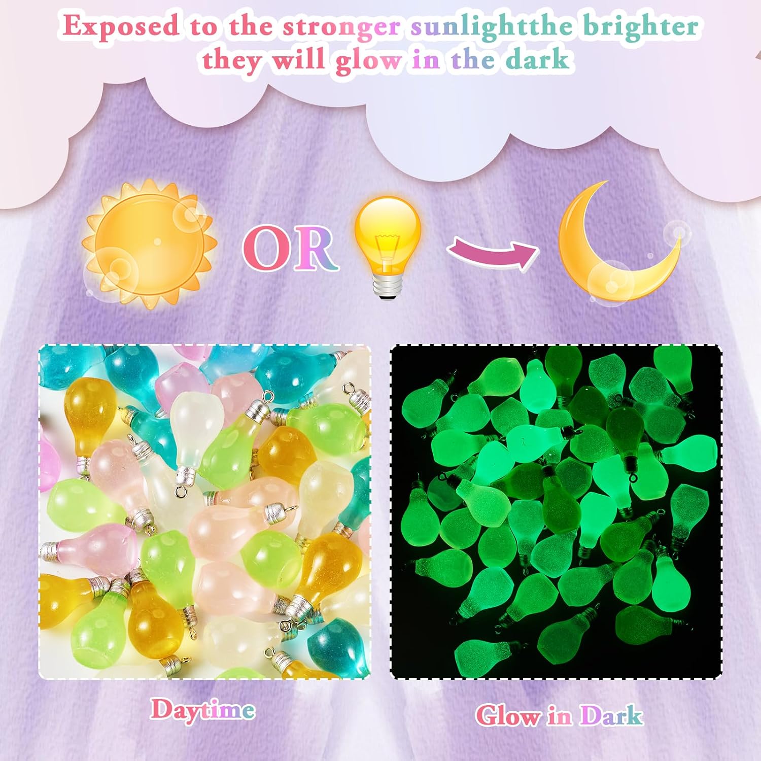 Cheriswelry 48pcs Bulb Charms Glow in the Dark Luminous Pendants Cute Opaque Resin Dangle Pendants Hang Ornament 28x16mm for DIY Craft Earring Bracelet Necklace Key Chains Jewelry Making - Image 2