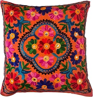 Original Kikan Suzani Multi Colour Embroidery - 16"x16" 40x40cm Indian Ethnic Cushion Covers (orange)