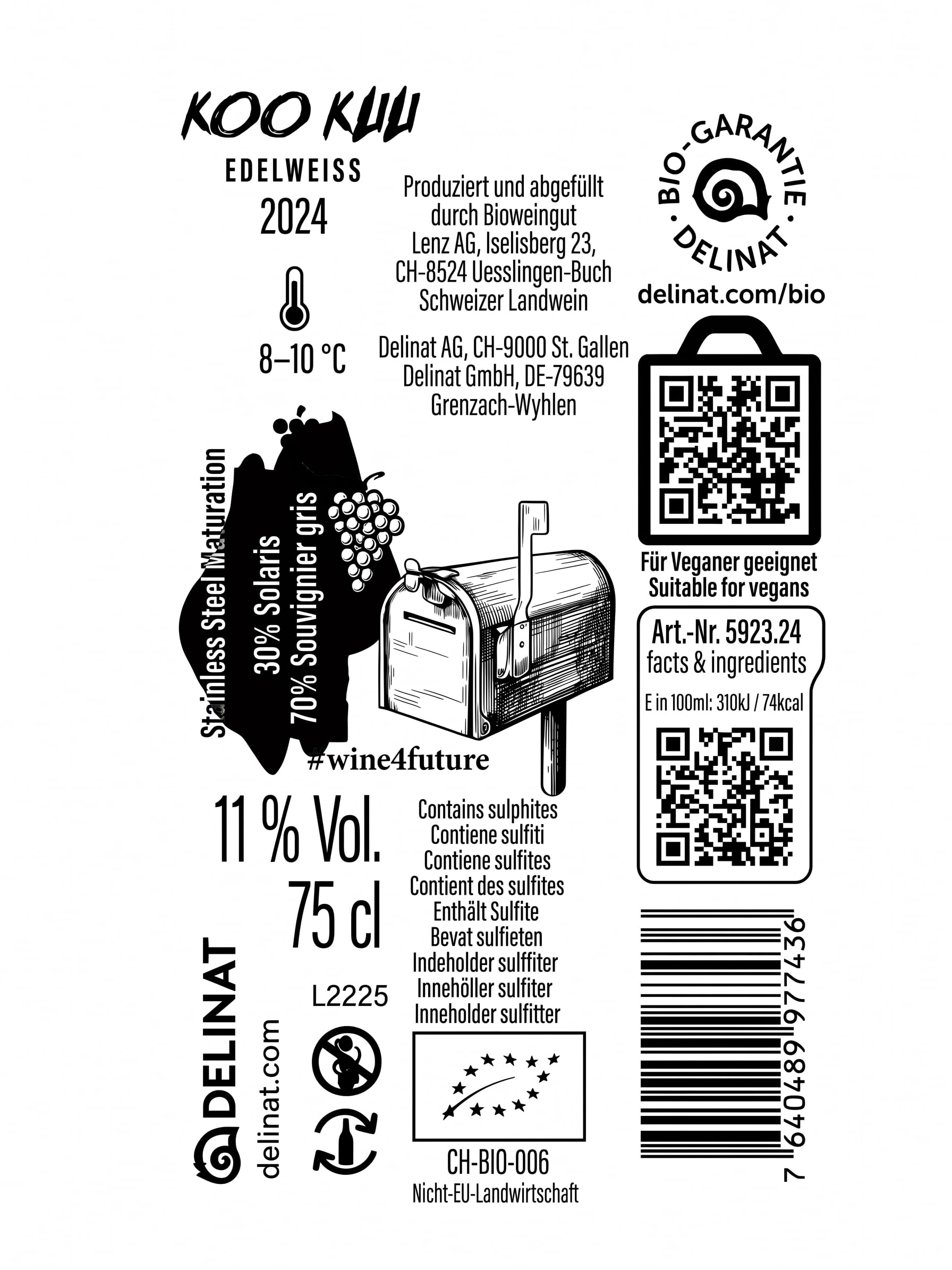 DELINAT KOO KUU Edelweiss 2024 – Schweizer Bio-Weißwein lieblich | Vegane Cuvée aus Souvignier Gris und Solaris - fruchtig & säurearmer premium Weißwein aus der Ostschweiz 6 x 0,75l