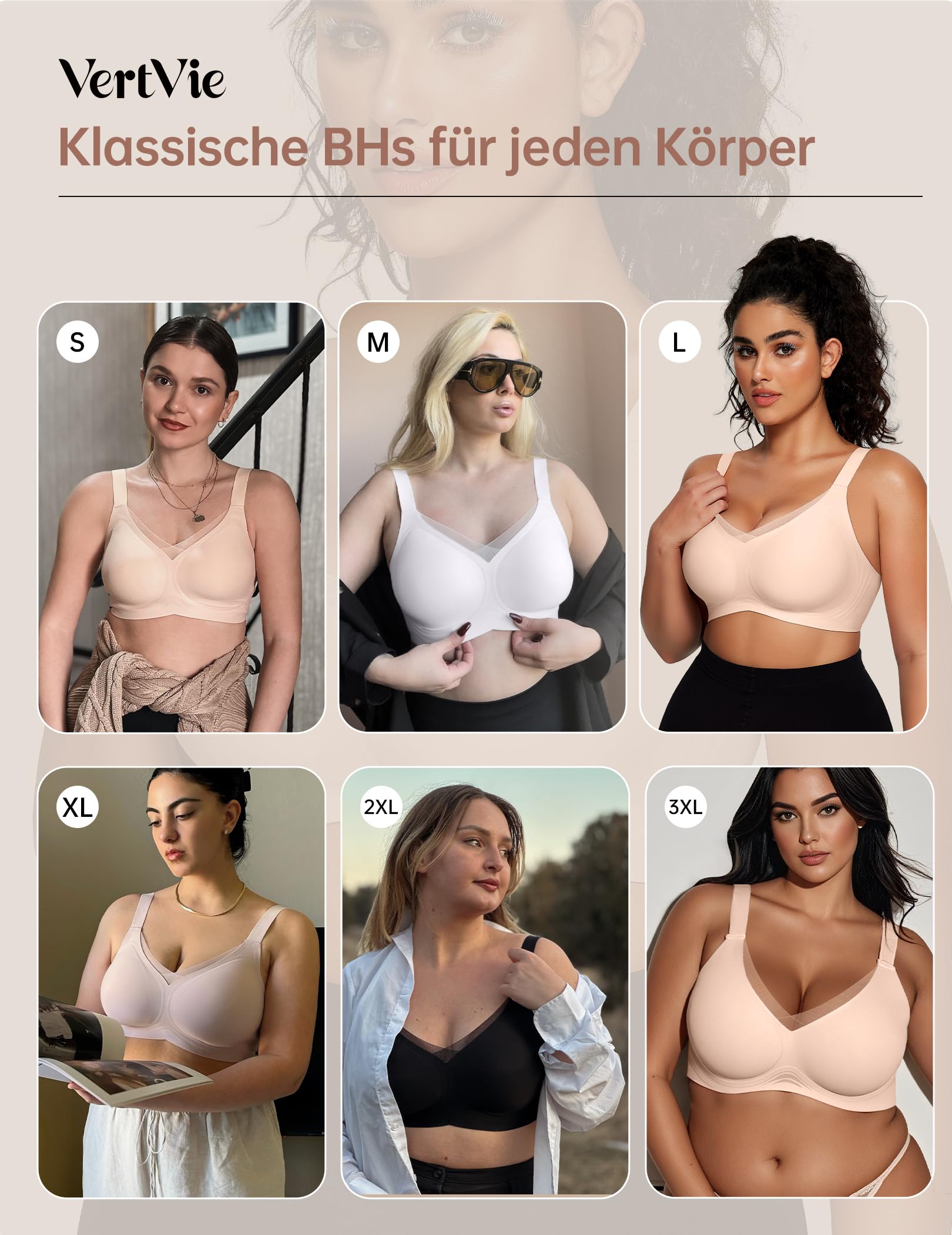 Vertvie Biustonosz bez fiszbin, sportowy biustonosz z krzyżem, dekolt w kształcie litery V, push up, bezszwowy, wygodny, pełny, duże rozmiary, miękki braletka z przedłużeniem