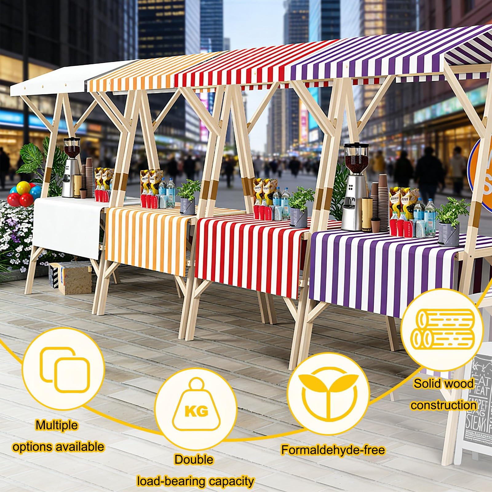 Présentoir de vendeur – Kiosque de vente pliable avec auvent rayé pour magasins de détail et foires – Parfait pour une utilisation en extérieur