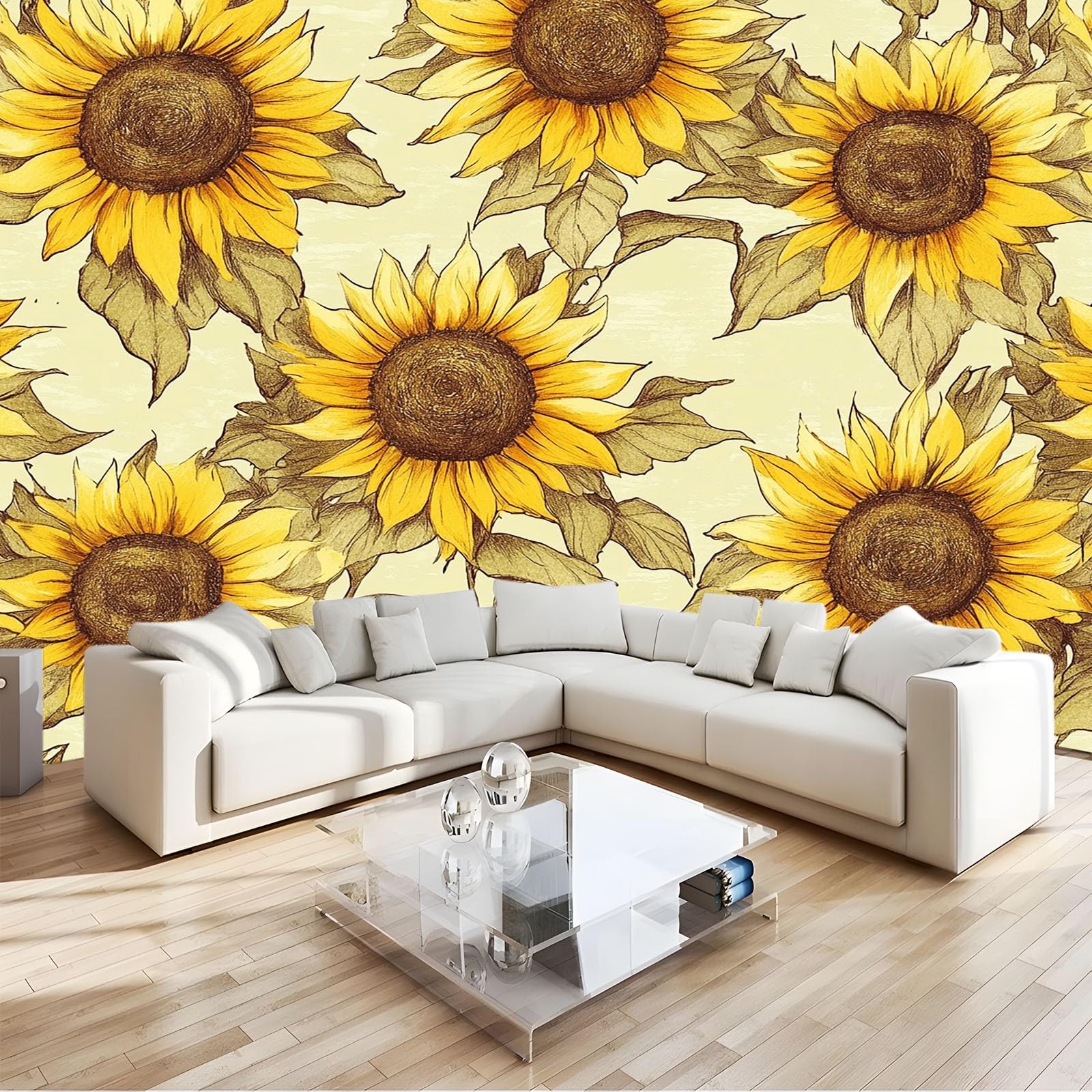 Tapeta Fototapeta 250 x 175 cm Retro Słonecznik Liście Włóknina Fototapeta 3D | Fototapeta Dekoracja Salon Sypialnia, Żółty