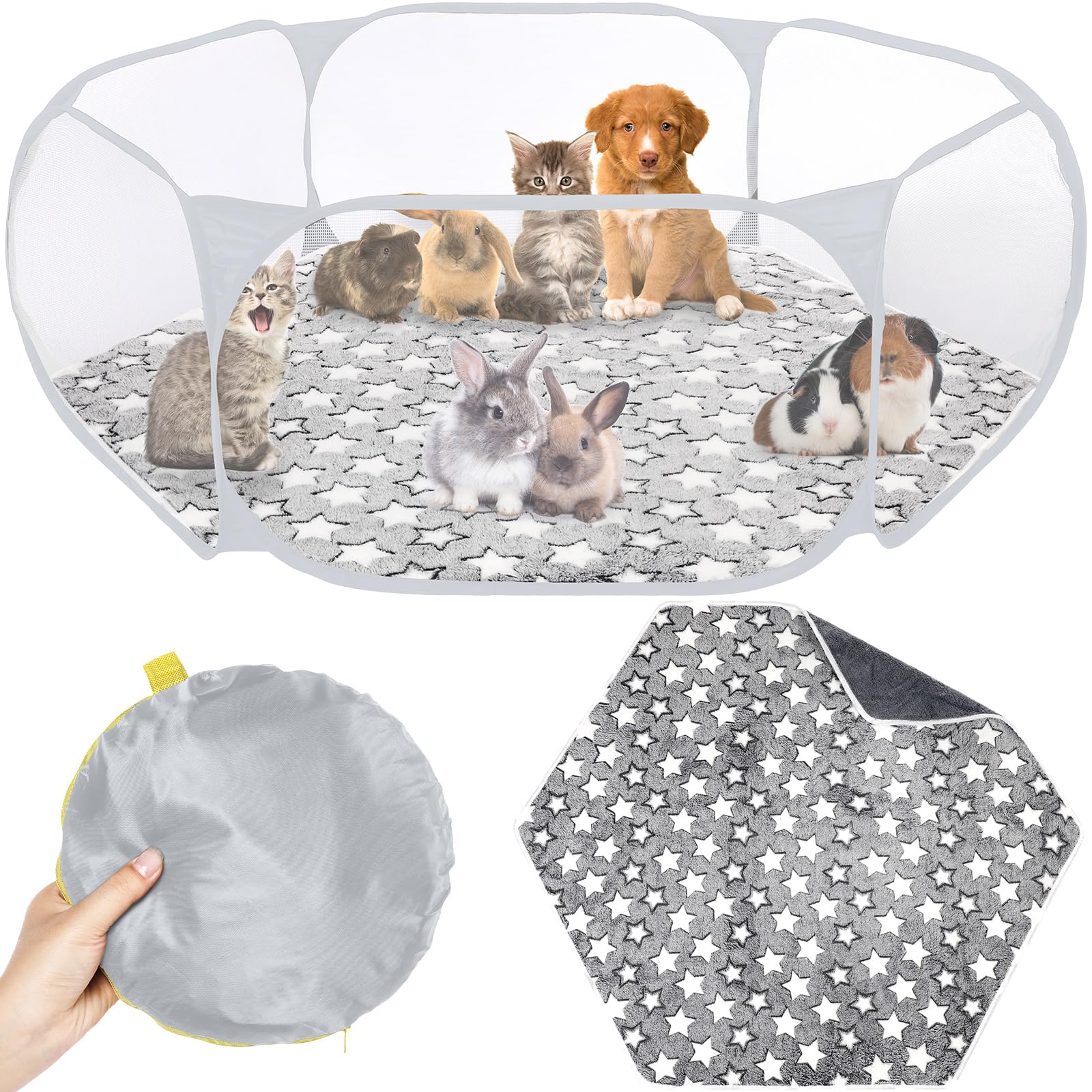 VitalCozy Hamster Playpen with Mat Small Animal Cage Tent Breathable Transparent Guinea Pig Playpen Waterproof Portable Yard Fence Mat Foldable