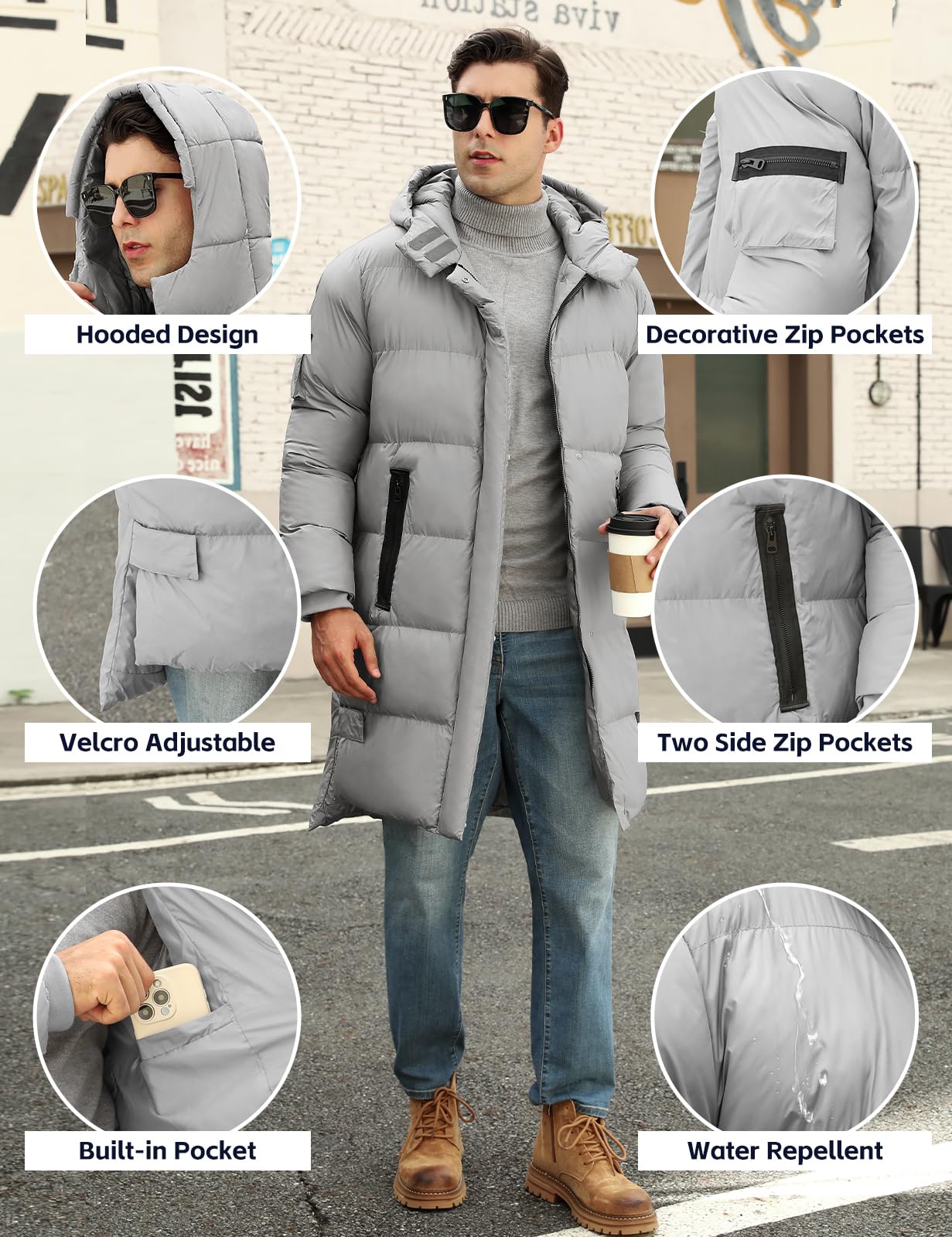 CMTOP Chaqueta Hombre Invierno con Capucha Cálido Chaqueta Acolchada Largo Hoodie Abrigo Invierno Casual Parka Cremallera Cazadora Acolchada Prueba de Viento con Bolsillos